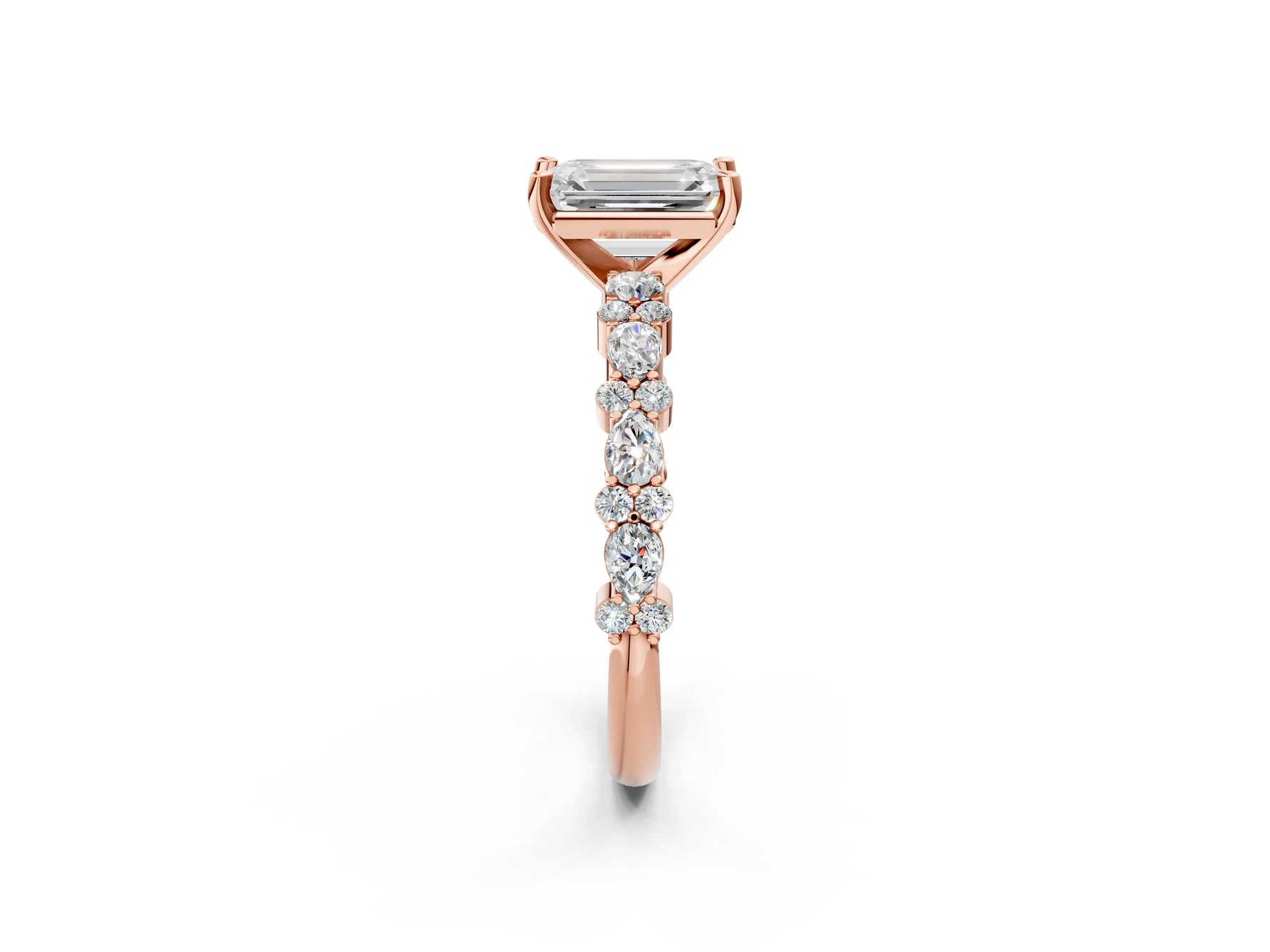 Emerald Cut Diamond Solitaire Ring in Rose gold with Pear and Round Cluster Band_14