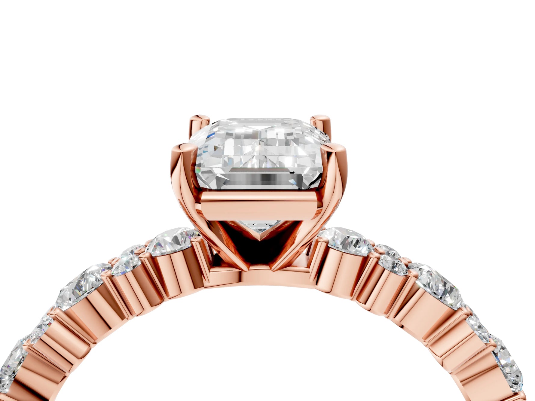 Emerald Cut Diamond Solitaire Ring in Rose gold with Pear and Round Cluster Band_16