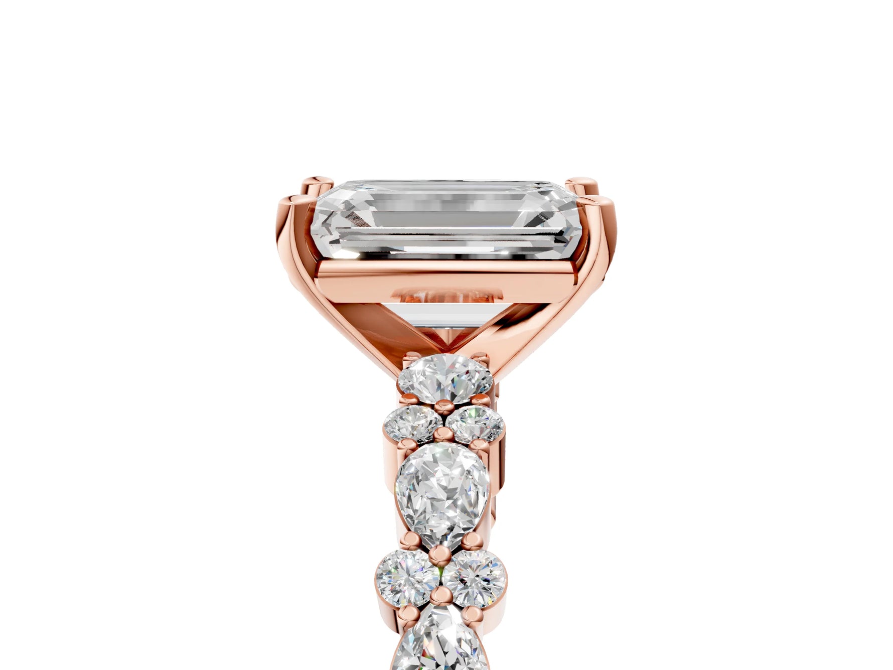Emerald Cut Diamond Solitaire Ring in Rose gold with Pear and Round Cluster Band_17