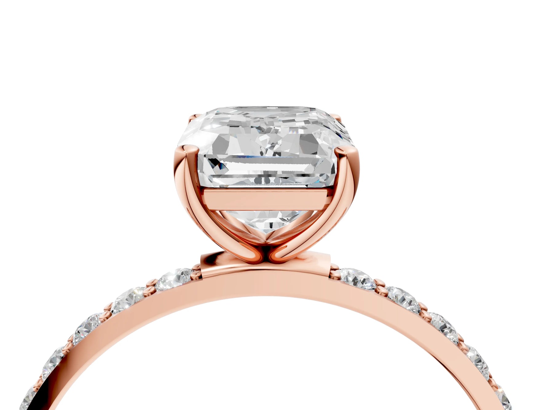 Emerald Cut Diamond Solitaire Ring in Rose gold with Round Pavé Band_10