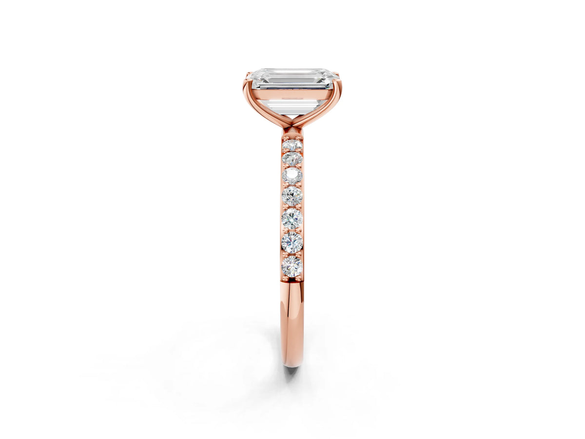 Emerald Cut Diamond Solitaire Ring in Rose gold with Round Pavé Band_32