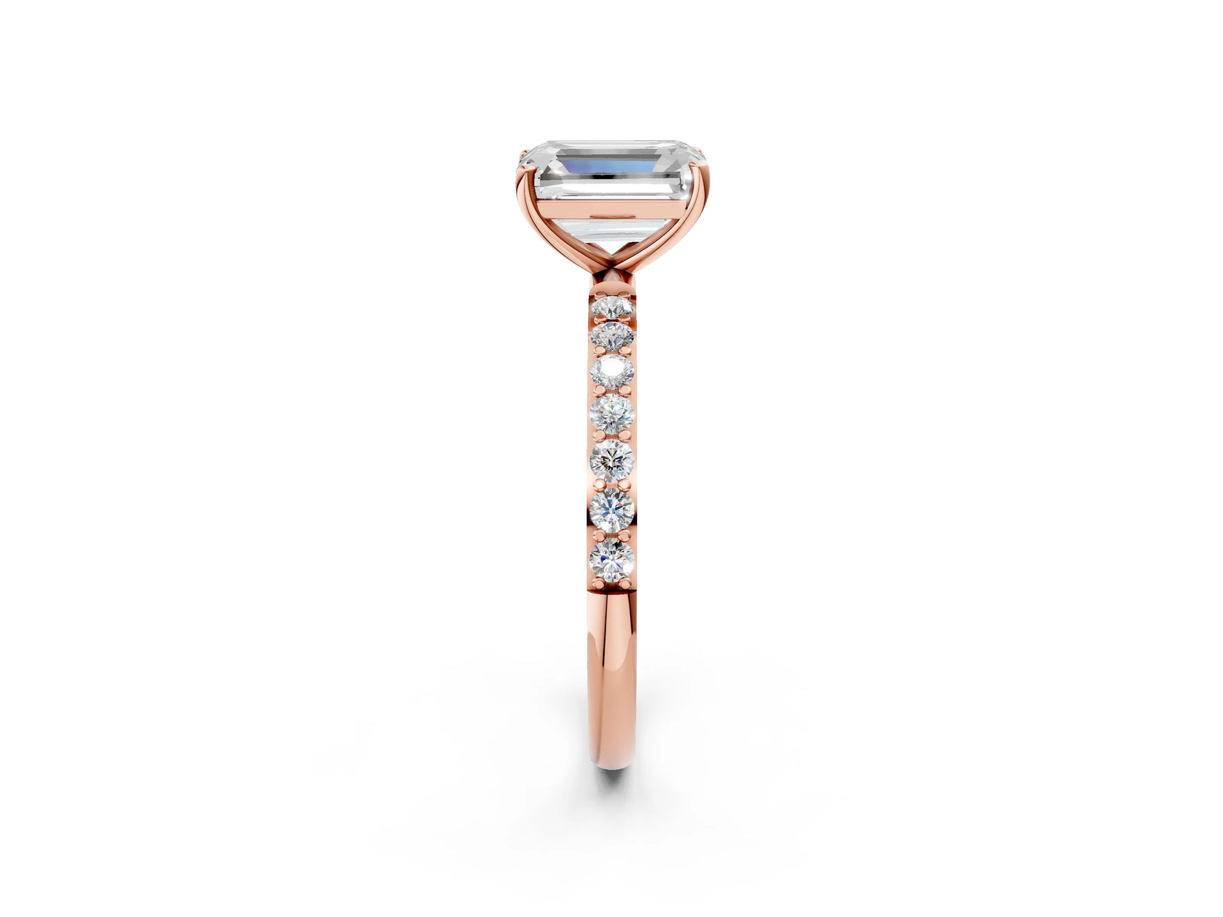Emerald Cut Diamond Solitaire Ring in Rose gold with Round Pavé Band_8