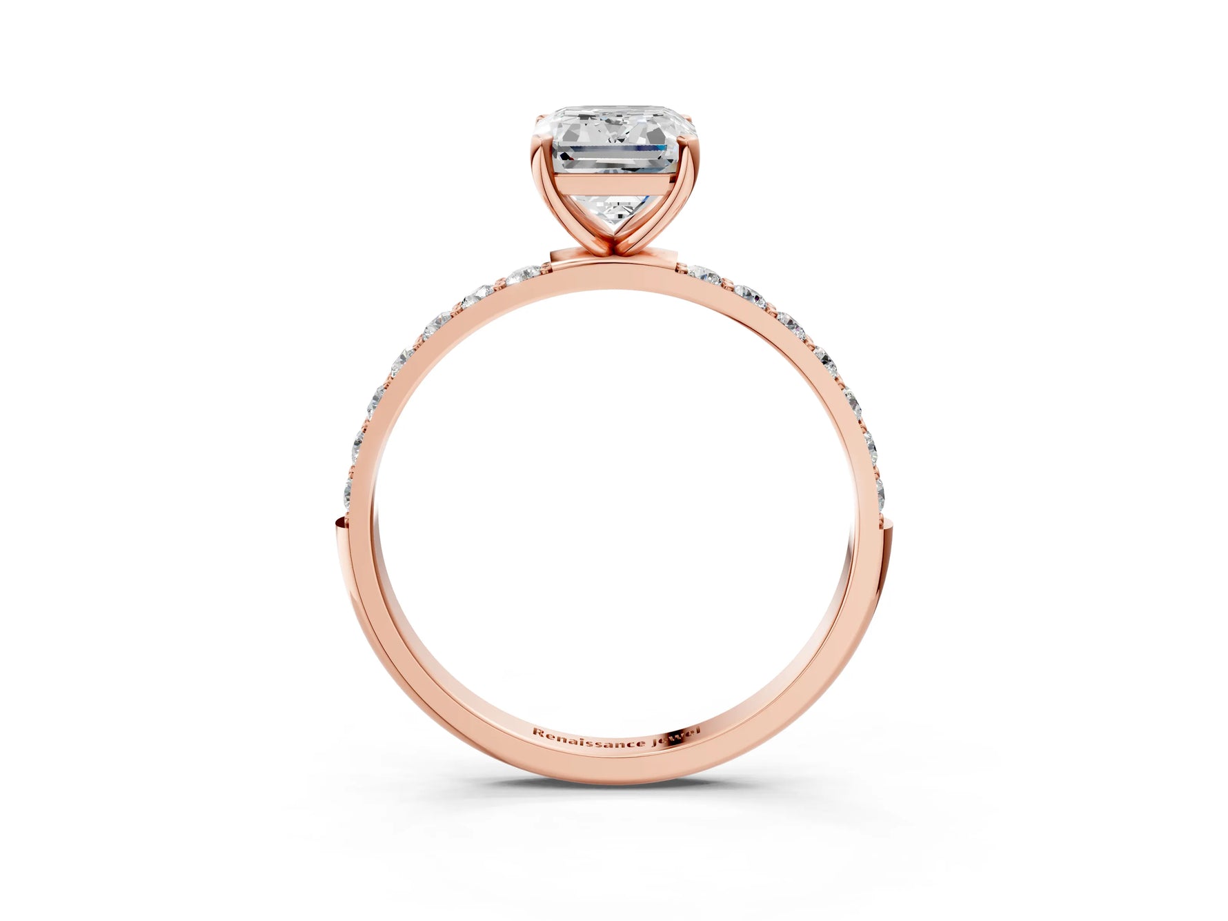Emerald Cut Diamond Solitaire Ring in Rose gold with Round Pavé Band_9