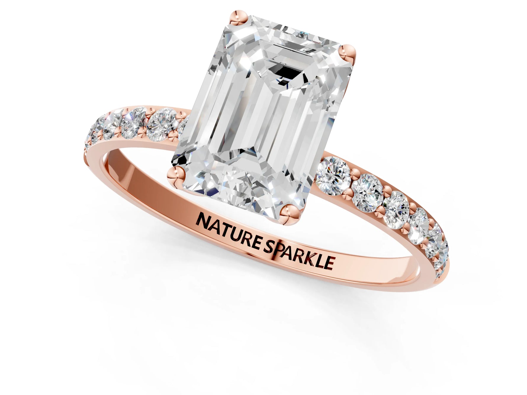 Emerald Cut Diamond Solitaire Ring in Rose gold with Round Shared Prong Pavé Band_19