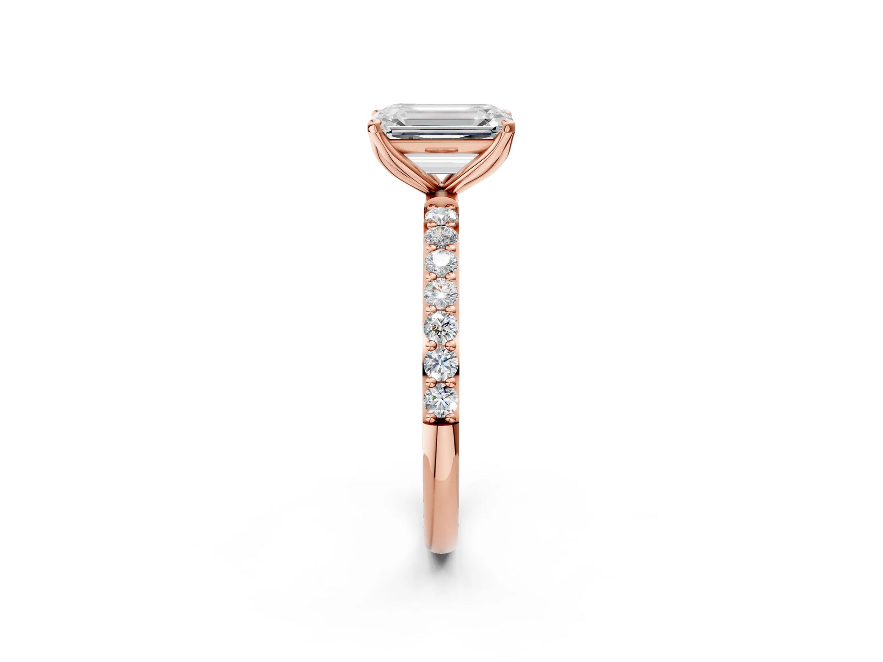 Emerald Cut Diamond Solitaire Ring in Rose gold with Round Shared Prong Pavé Band_20