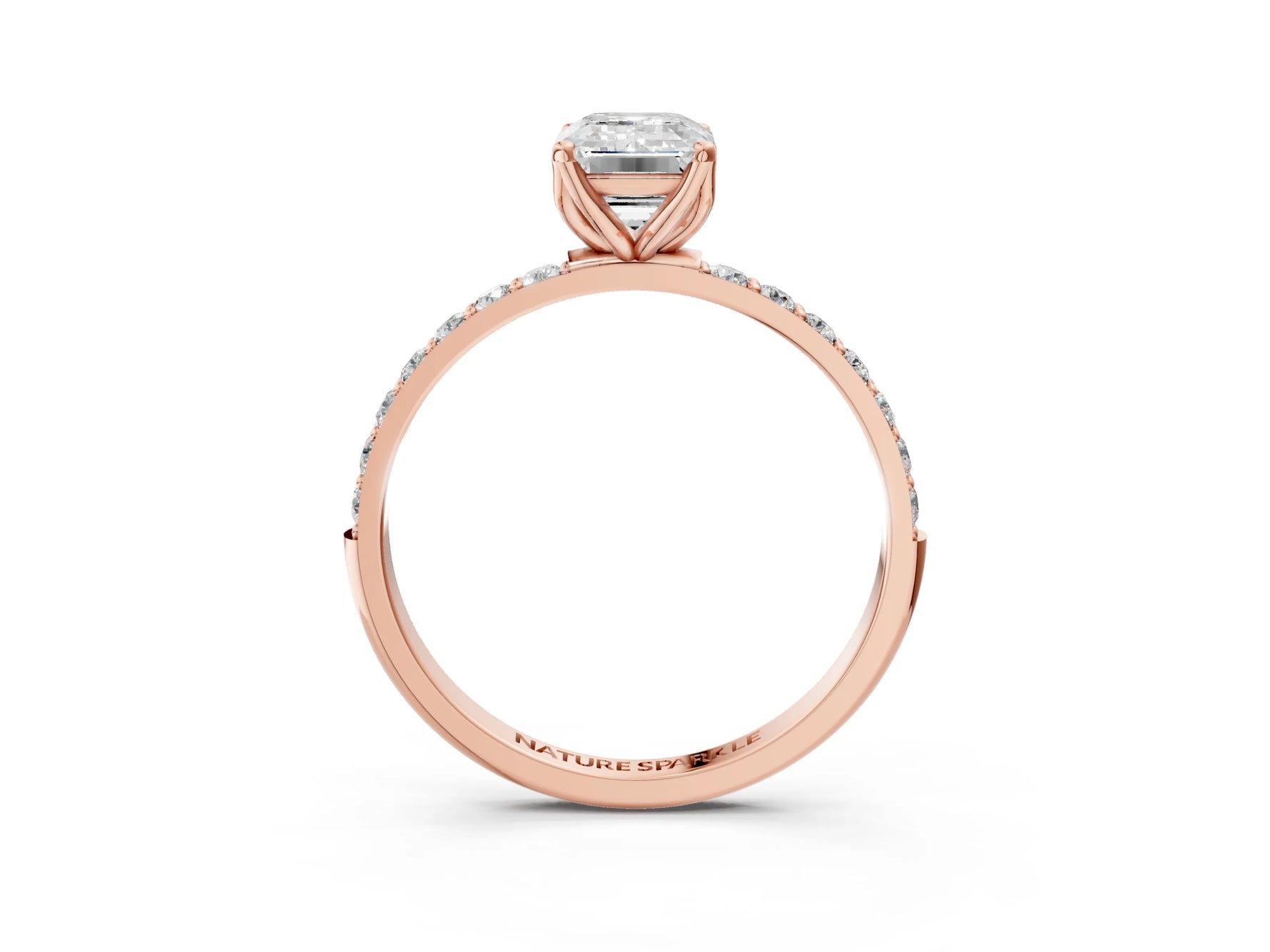 Emerald Cut Diamond Solitaire Ring in Rose gold with Round Shared Prong Pavé Band_21