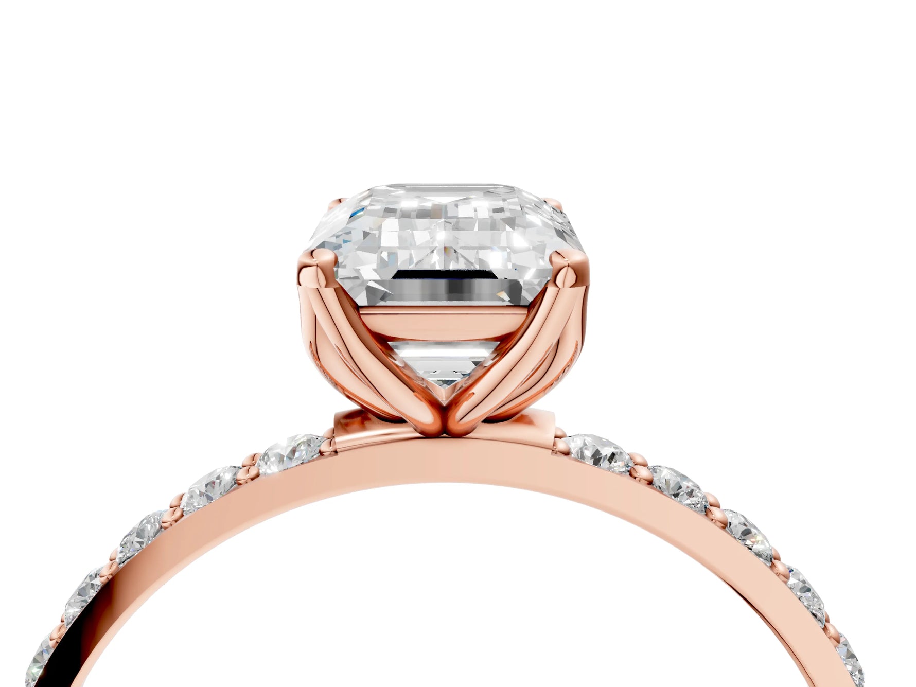 Emerald Cut Diamond Solitaire Ring in Rose gold with Round Shared Prong Pavé Band_22