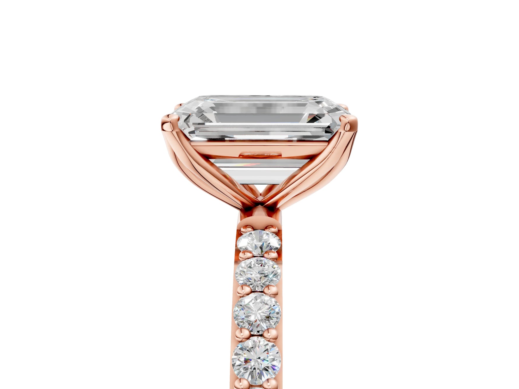 Emerald Cut Diamond Solitaire Ring in Rose gold with Round Shared Prong Pavé Band_23