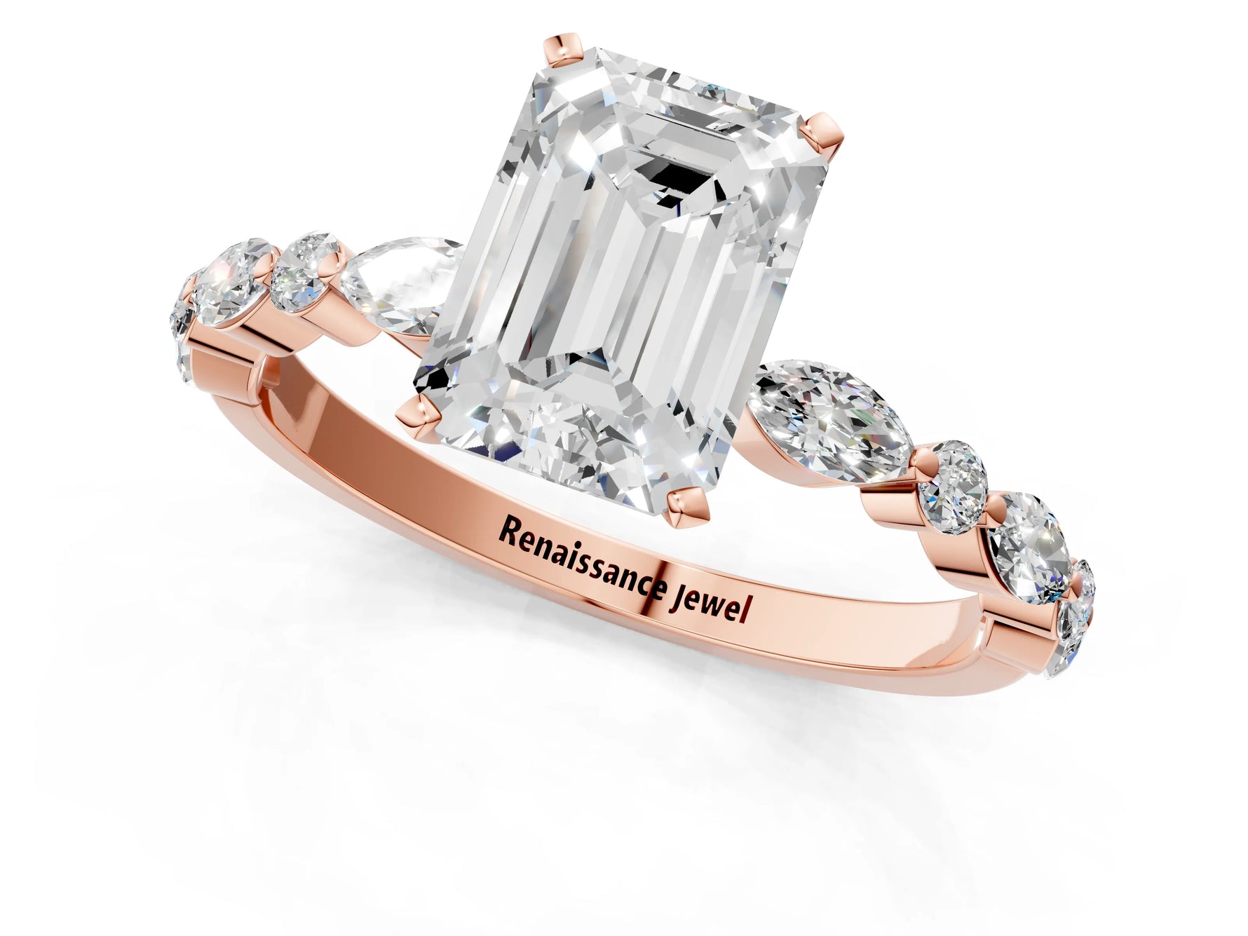 Emerald Cut Diamond Solitaire Ring in Rose gold with Shared Prong Marquise and Round Side Stones_13
