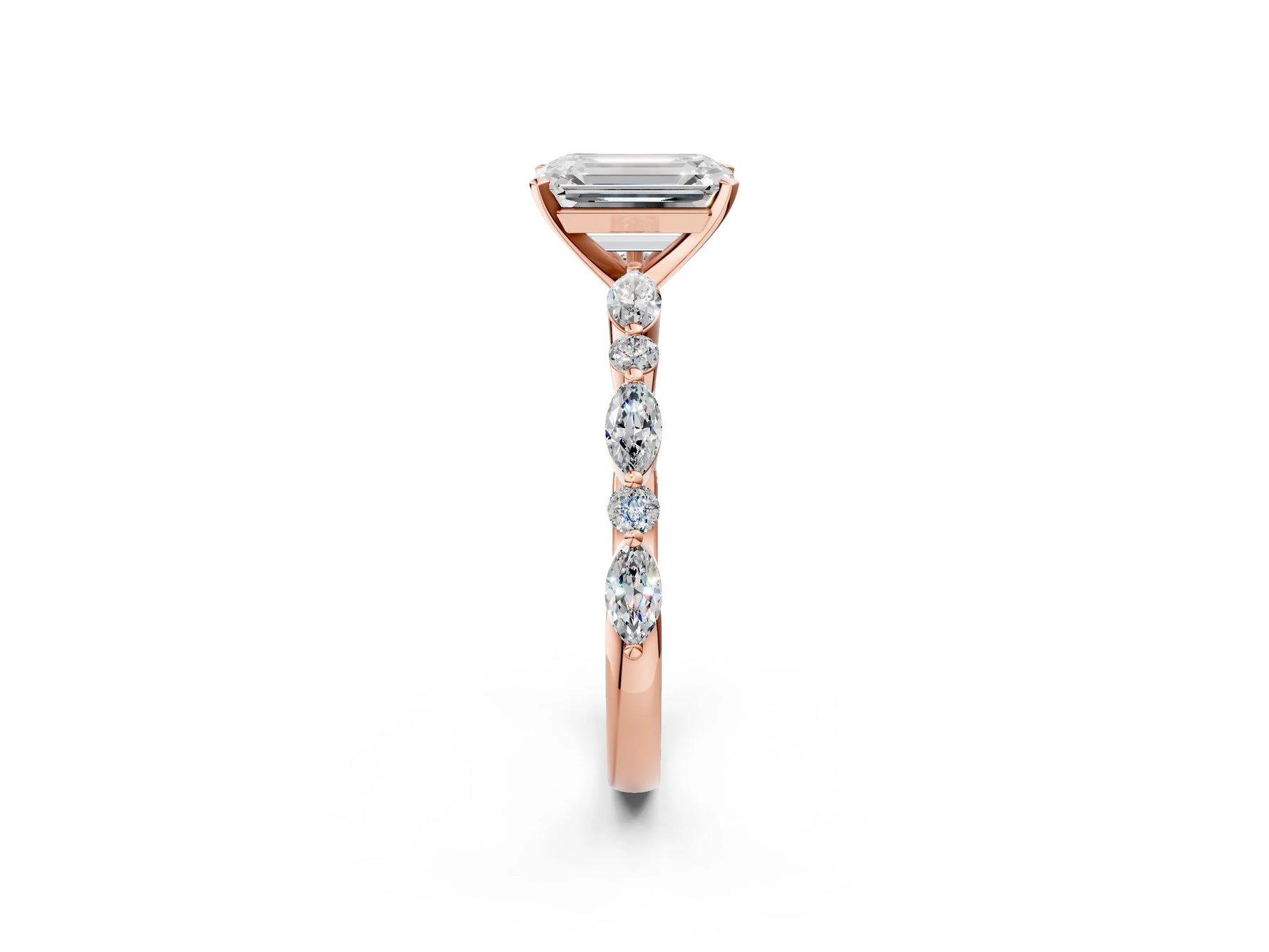 Emerald Cut Diamond Solitaire Ring in Rose gold with Shared Prong Marquise and Round Side Stones_14