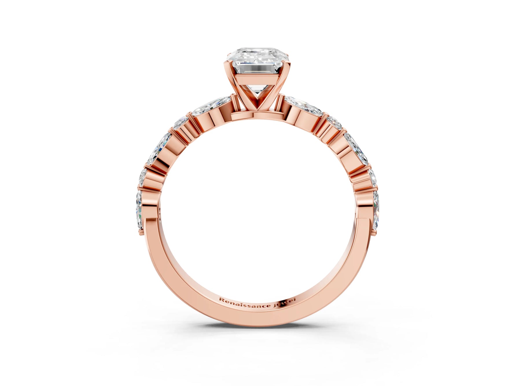 Emerald Cut Diamond Solitaire Ring in Rose gold with Shared Prong Marquise and Round Side Stones_15