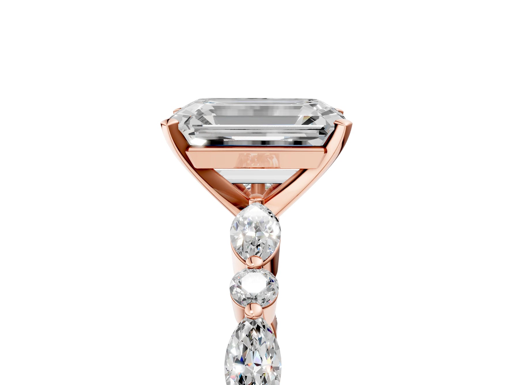 Emerald Cut Diamond Solitaire Ring in Rose gold with Shared Prong Marquise and Round Side Stones_17