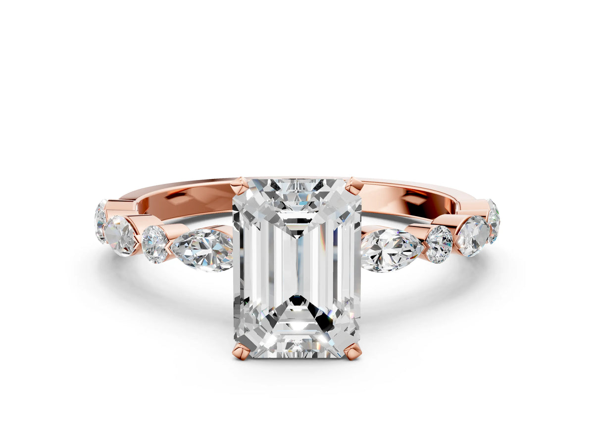 Emerald Cut Diamond Solitaire Ring in Rose gold with Shared Prong Marquise and Round Side Stones_36