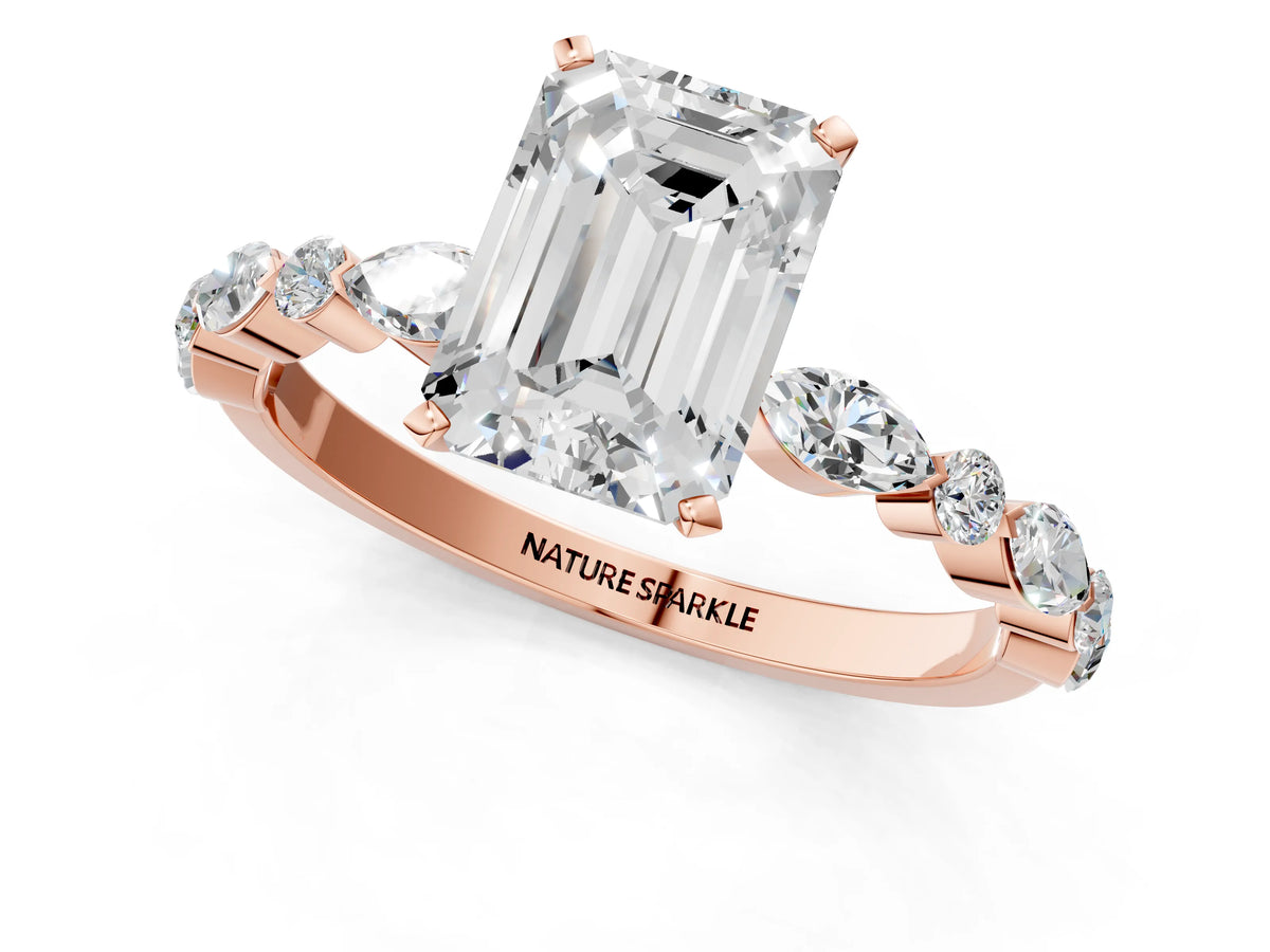 Emerald Cut Diamond Solitaire Ring in Rose gold with Shared Prong Marquise and Round Side Stones_37
