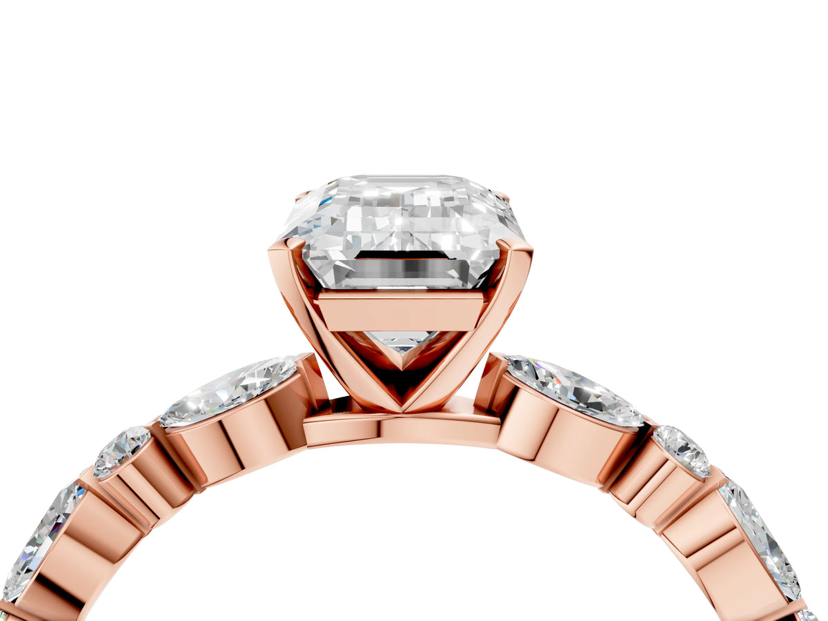 Emerald Cut Diamond Solitaire Ring in Rose gold with Shared Prong Marquise and Round Side Stones_40