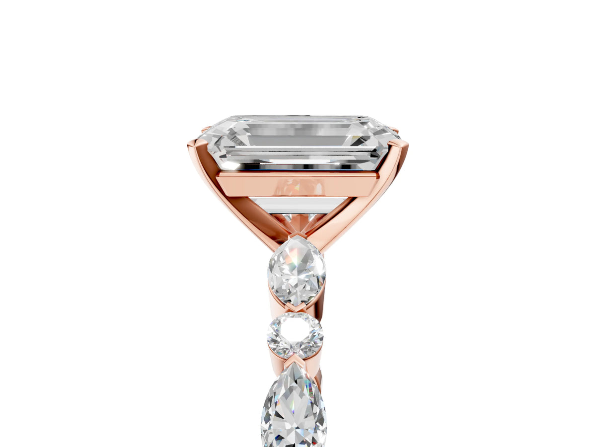 Emerald Cut Diamond Solitaire Ring in Rose gold with Shared Prong Marquise and Round Side Stones_41