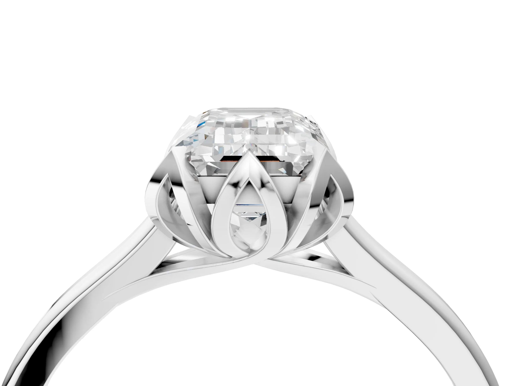 Emerald Cut Diamond Solitaire Ring in White gold with Flower Prong Setting_10