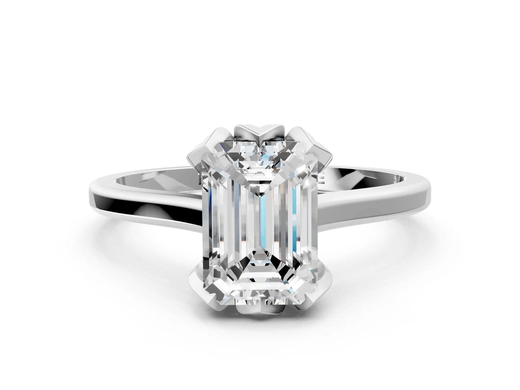Emerald Cut Diamond Solitaire Ring in White gold with Flower Prong Setting_6