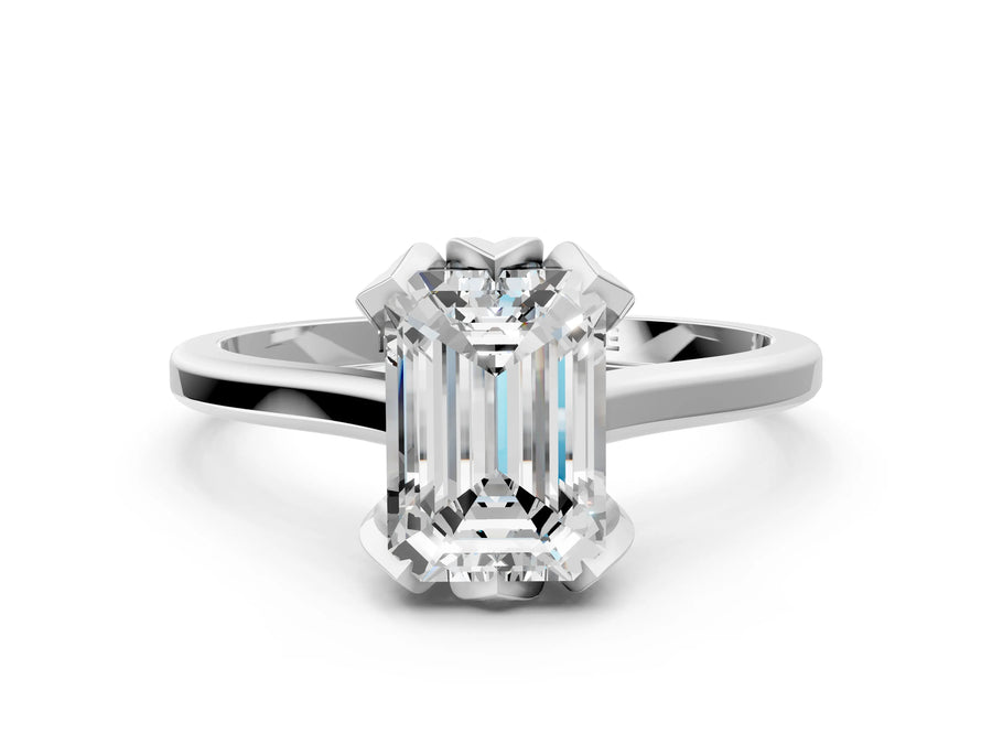 Emerald Cut Diamond Solitaire Ring in Silver with Flower Prong Setting
