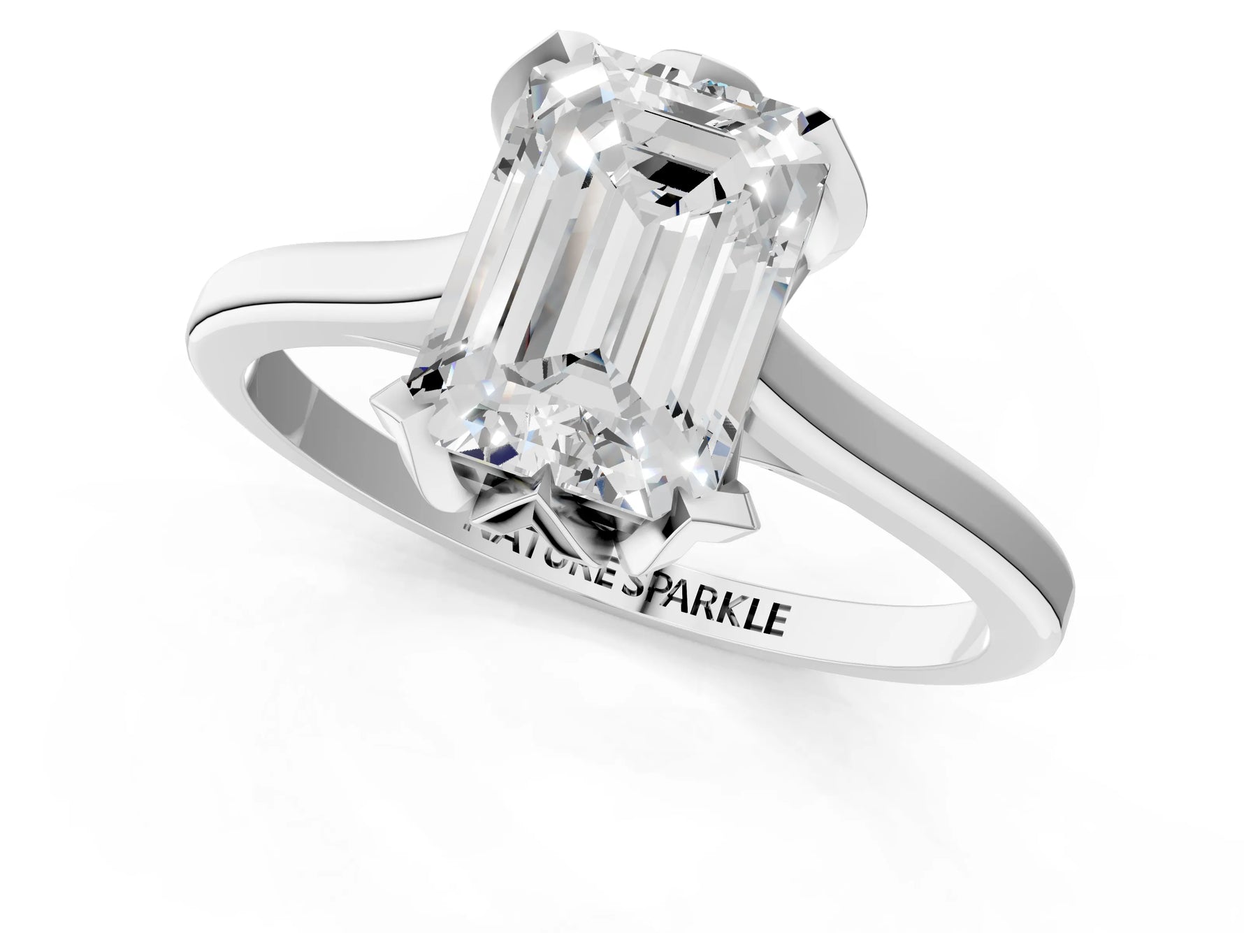 Emerald Cut Diamond Solitaire Ring in White gold with Flower Prong Setting_7