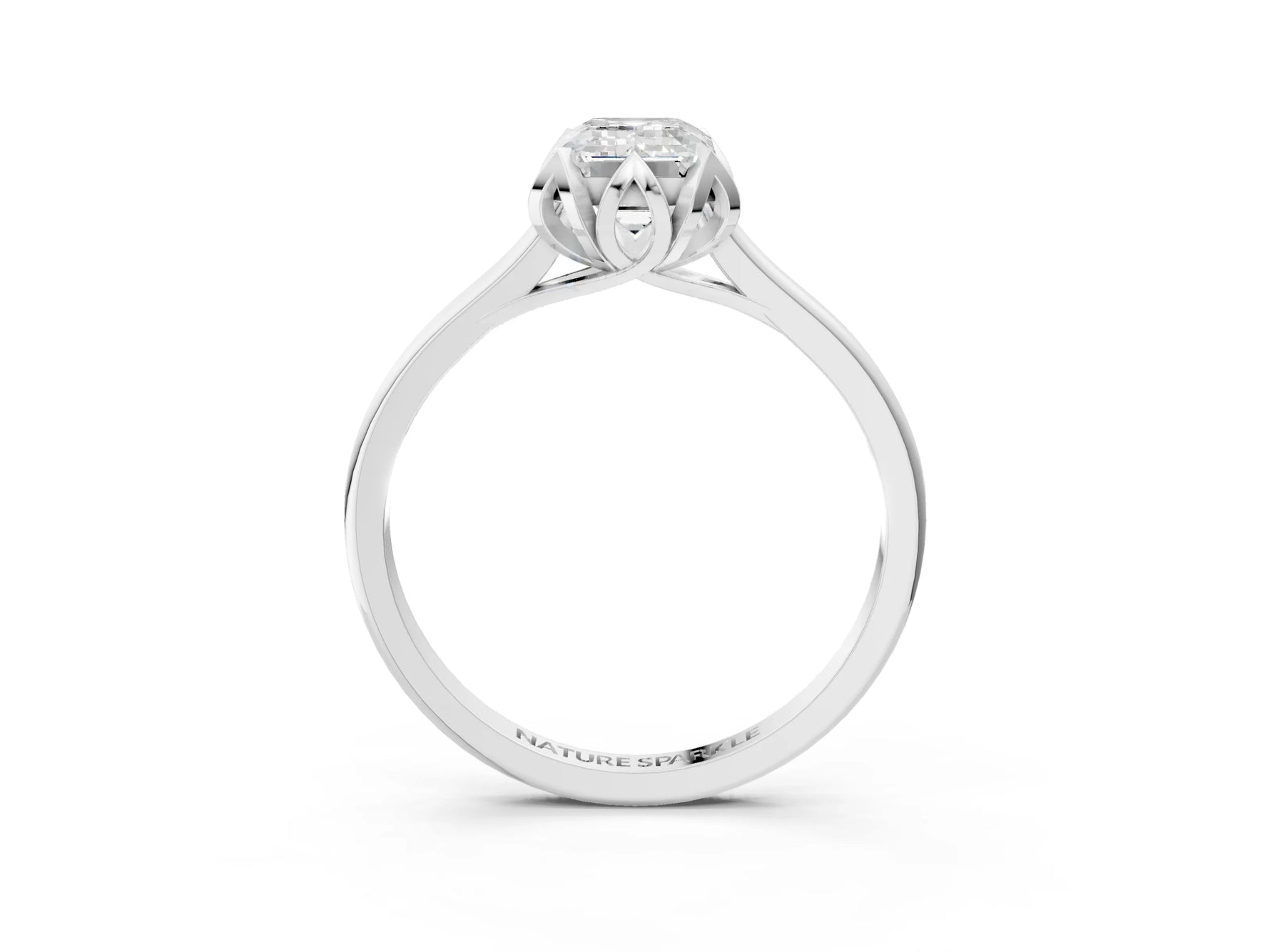 Emerald Cut Diamond Solitaire Ring in White gold with Flower Prong Setting_9