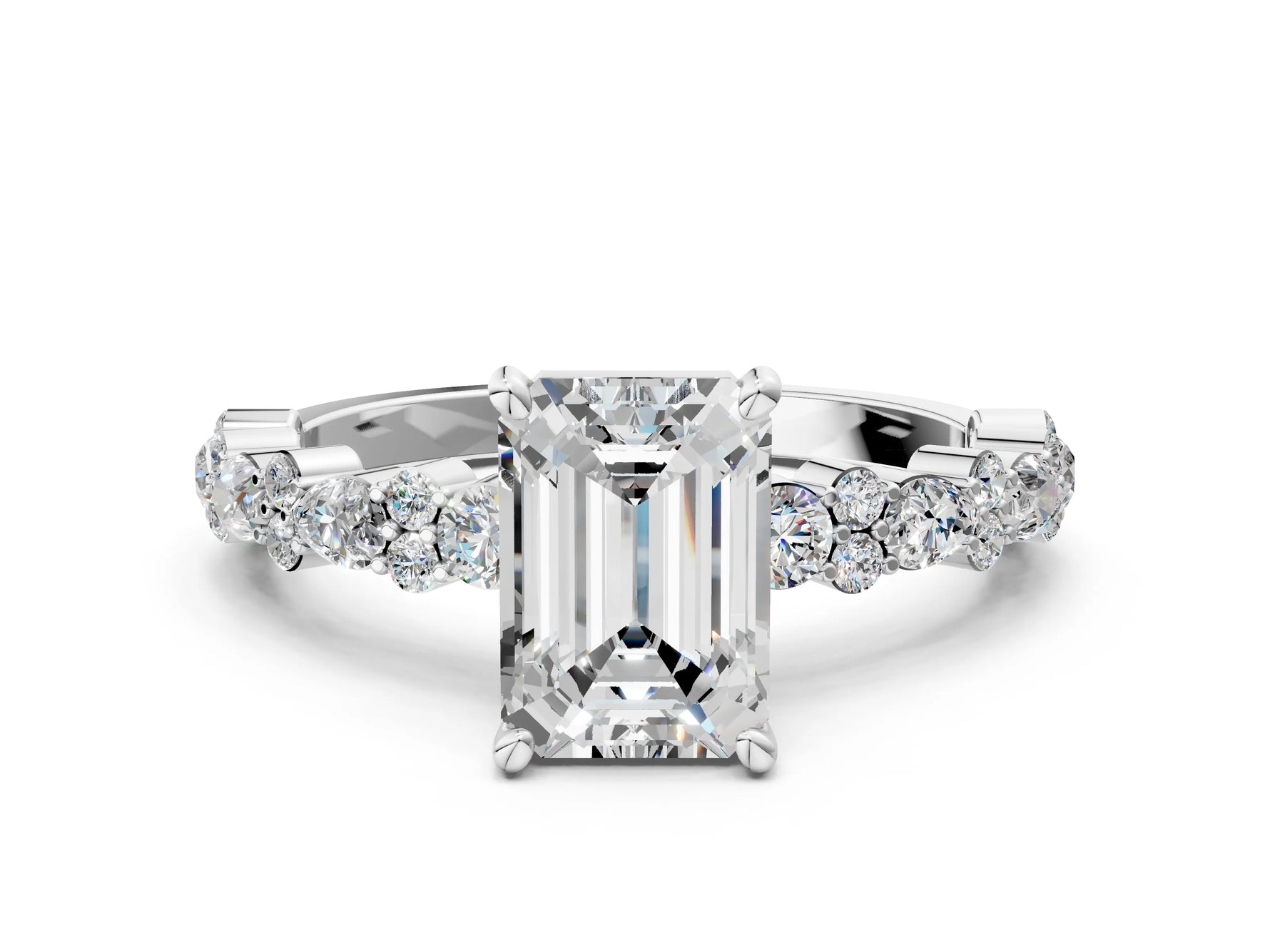 Emerald Cut Diamond Solitaire Ring in White gold with Pear and Round Cluster Band_12