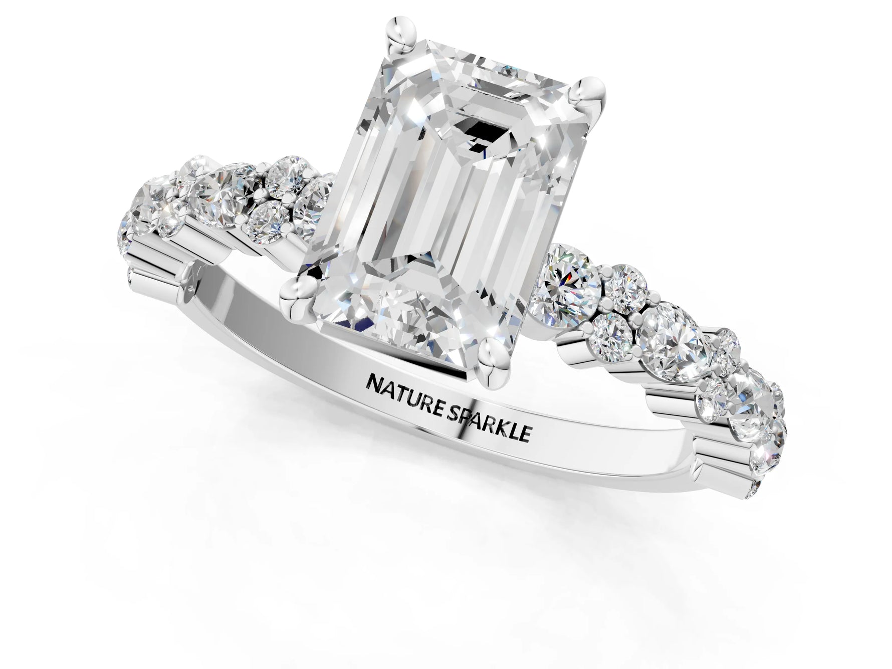 Emerald Cut Diamond Solitaire Ring in White gold with Pear and Round Cluster Band_13