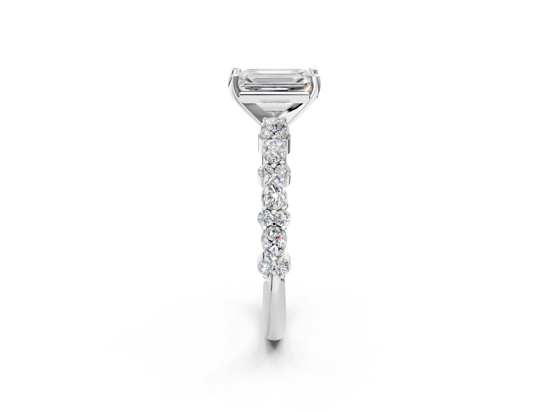 Emerald Cut Diamond Solitaire Ring in White gold with Pear and Round Cluster Band_14