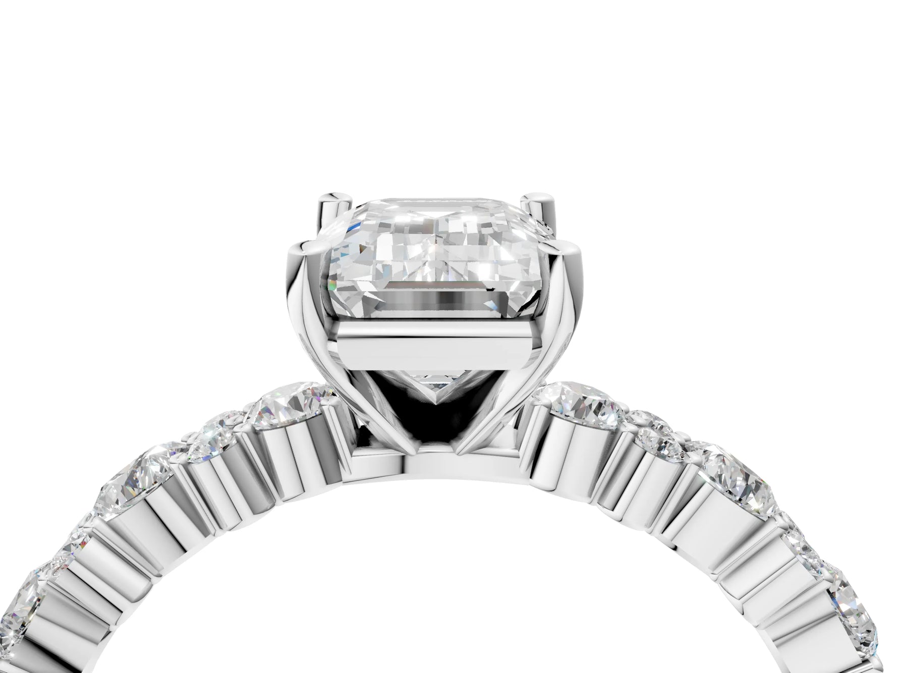 Emerald Cut Diamond Solitaire Ring in White gold with Pear and Round Cluster Band_16