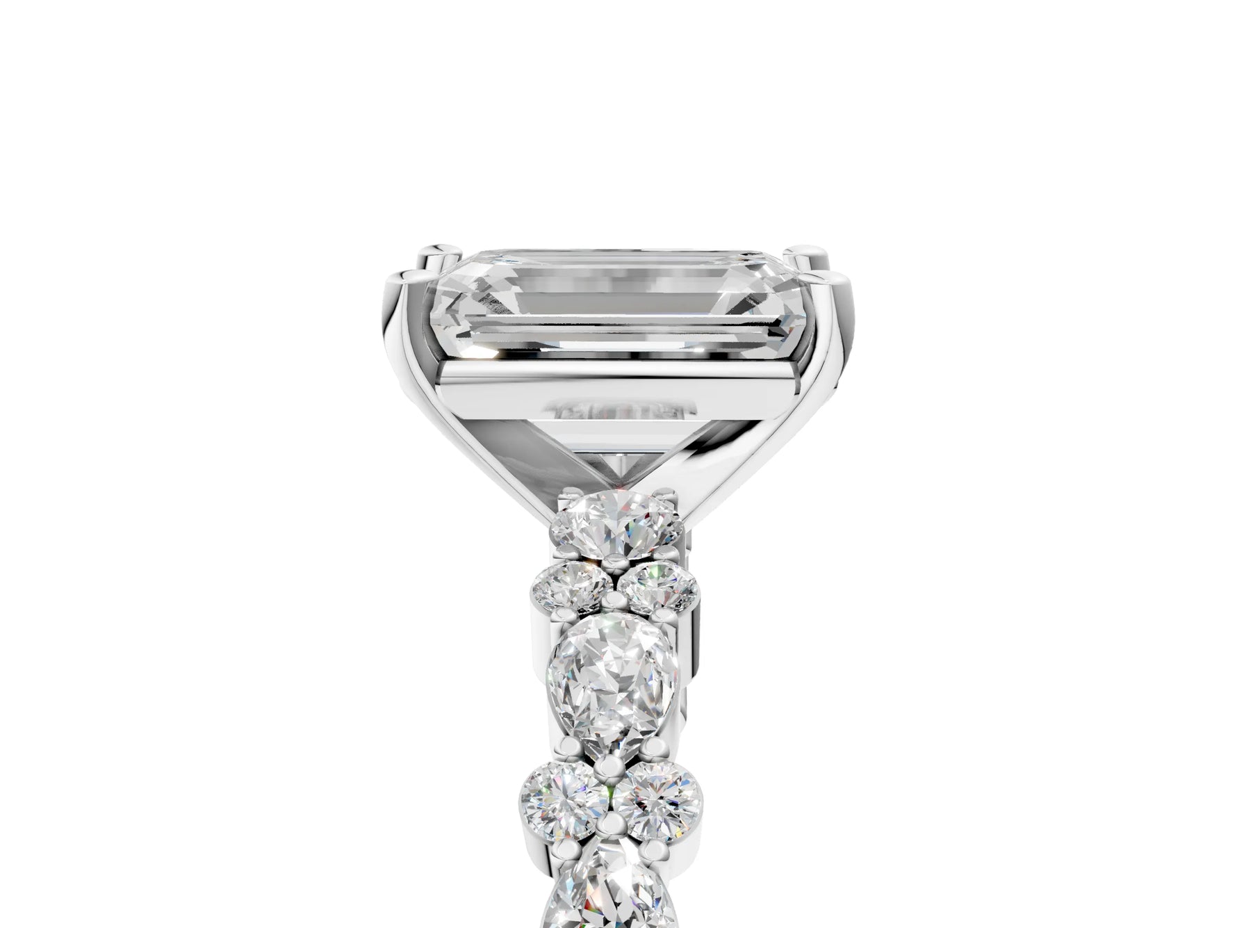Emerald Cut Diamond Solitaire Ring in White gold with Pear and Round Cluster Band_17