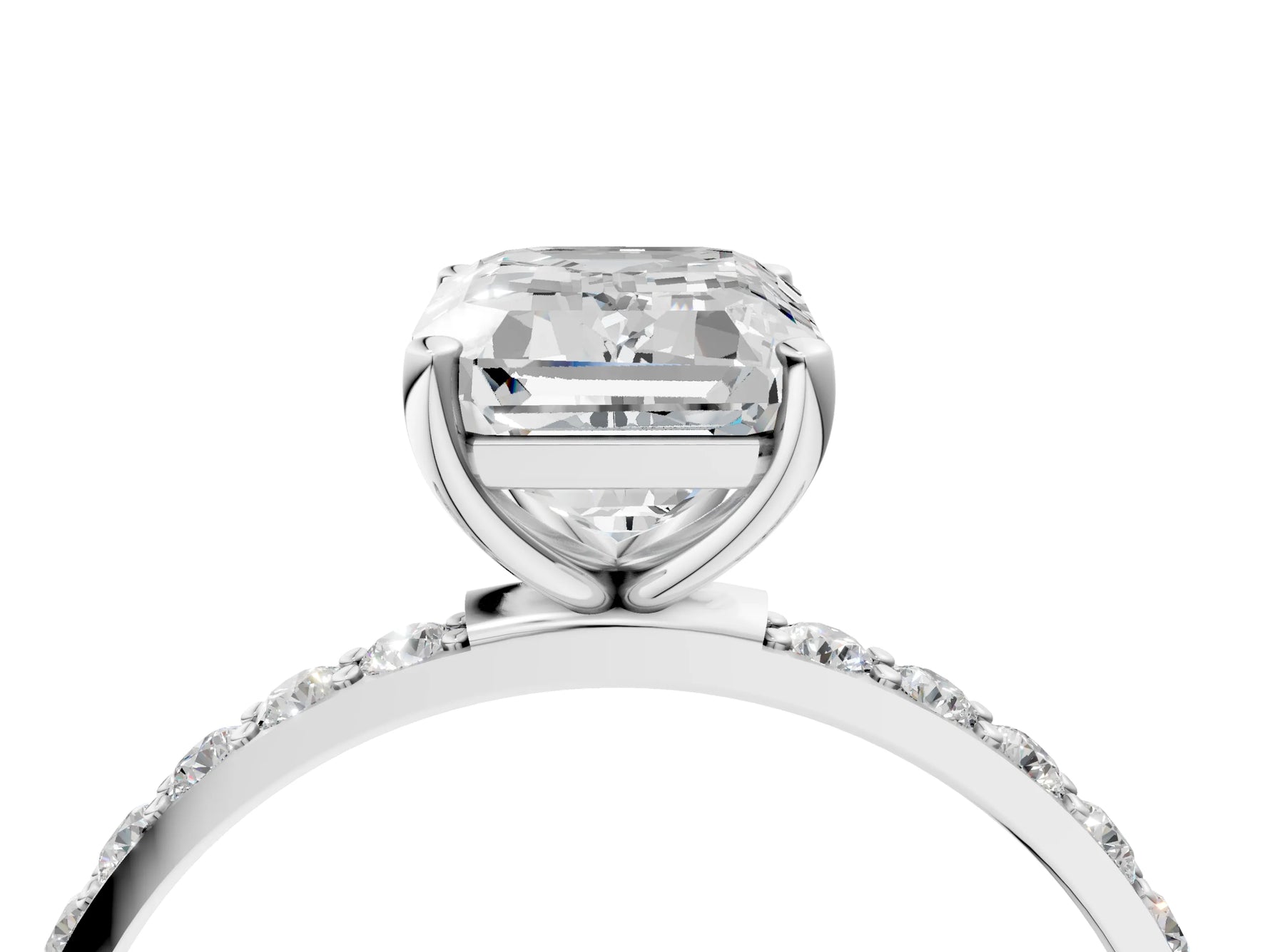 Emerald Cut Diamond Solitaire Ring in White gold with Round Pavé Band_10