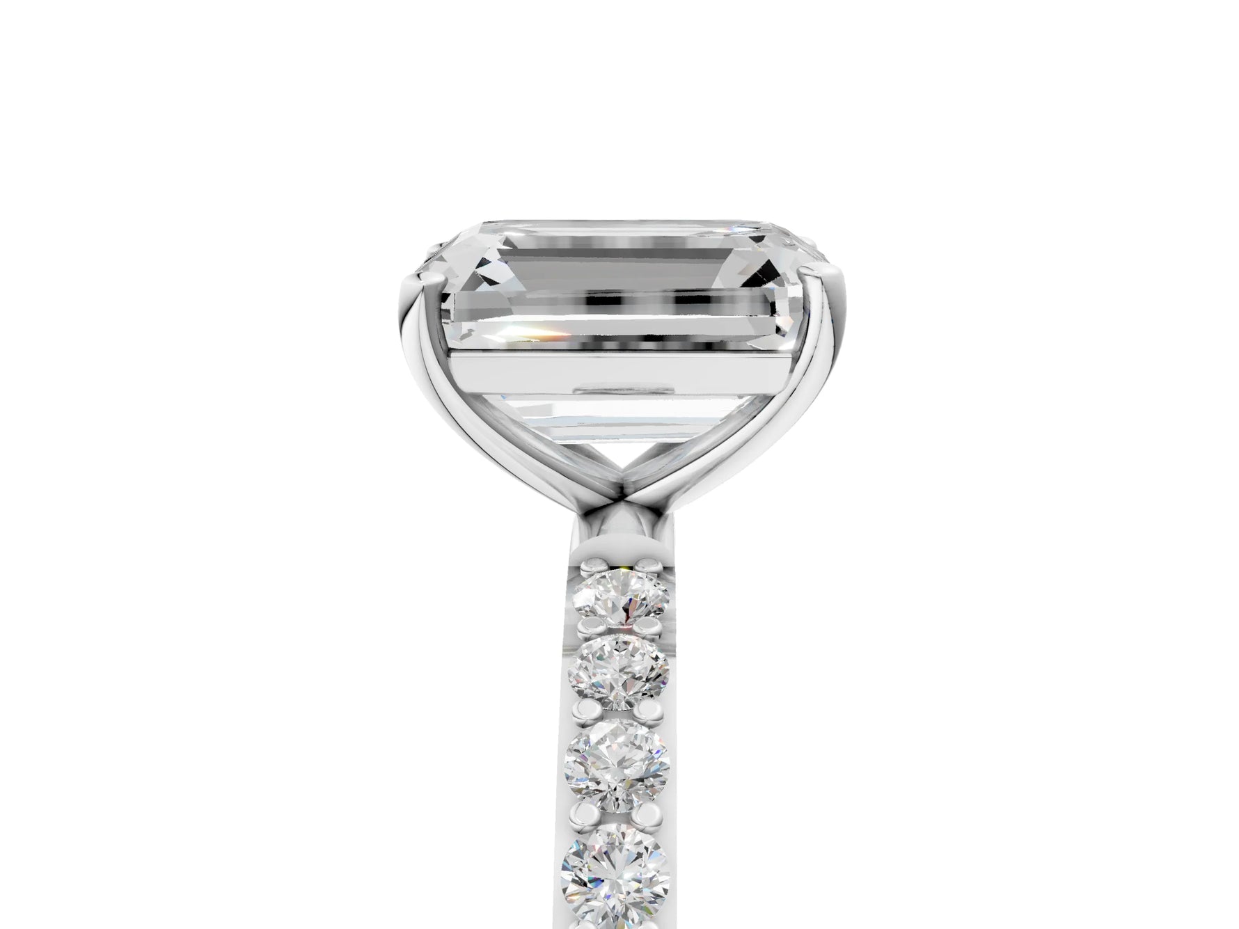 Emerald Cut Diamond Solitaire Ring in White gold with Round Pavé Band_11