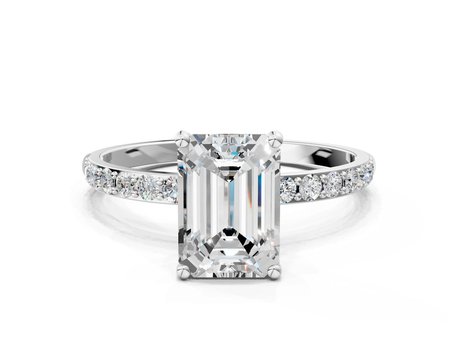 Emerald Cut Diamond Solitaire Ring in Platinum with Round Pavé Band
