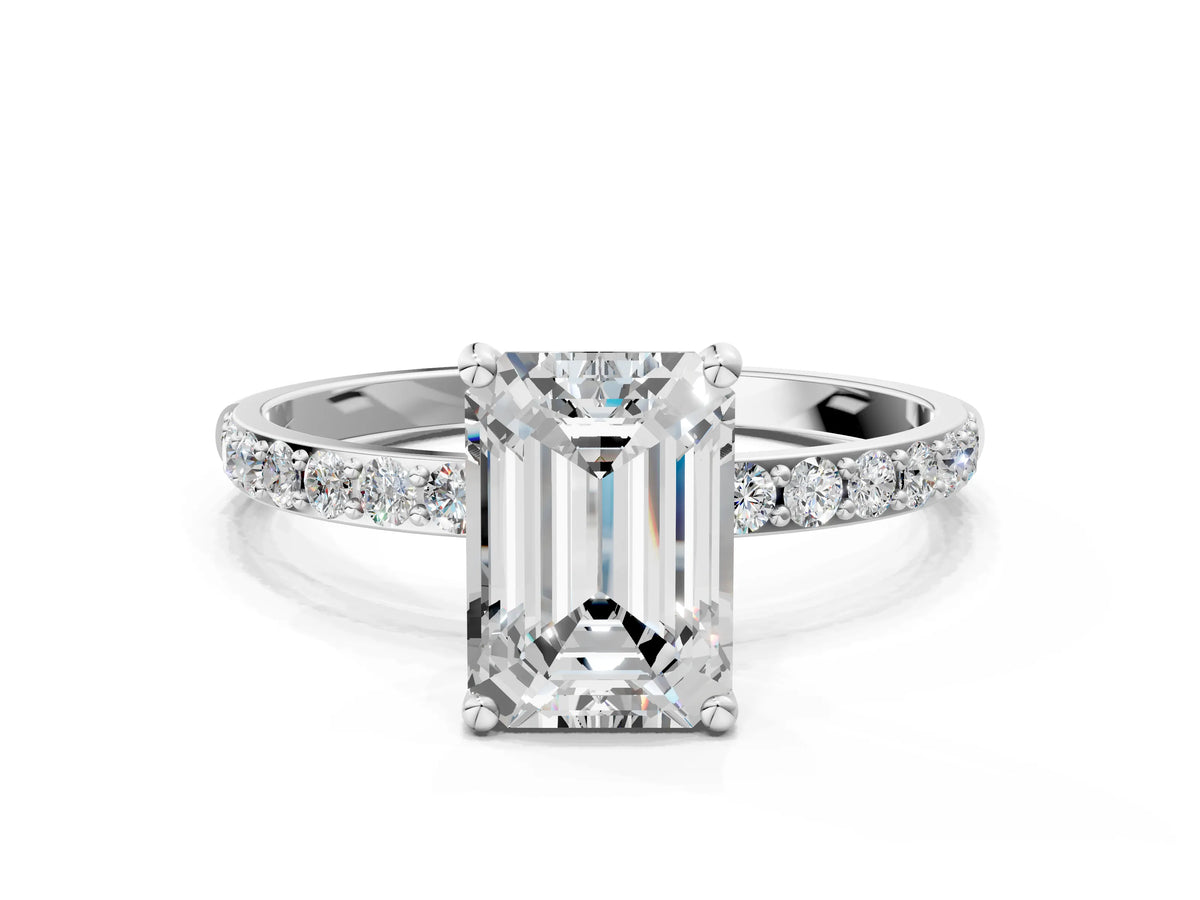 Emerald Cut Diamond Solitaire Ring in White gold with Round Pavé Band_30