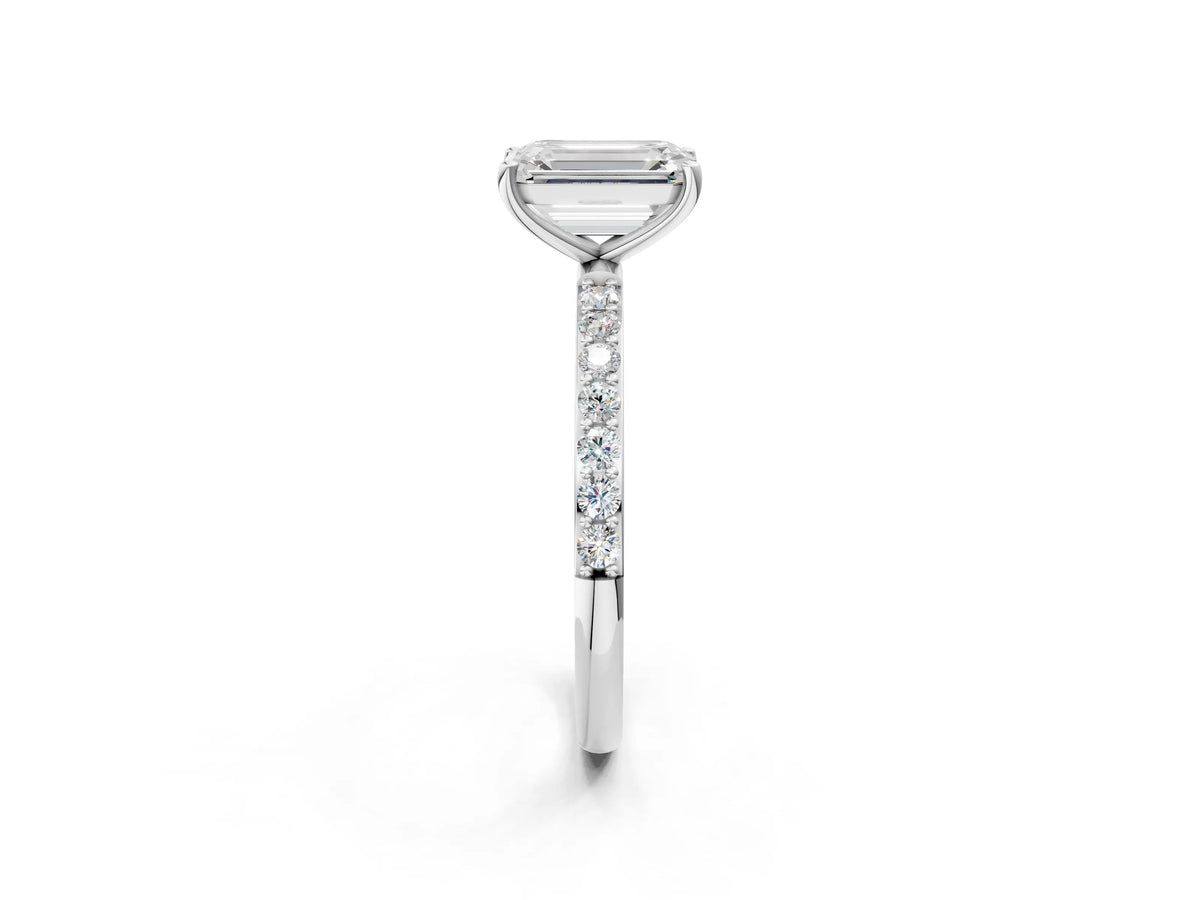Emerald Cut Diamond Solitaire Ring in White gold with Round Pavé Band_32