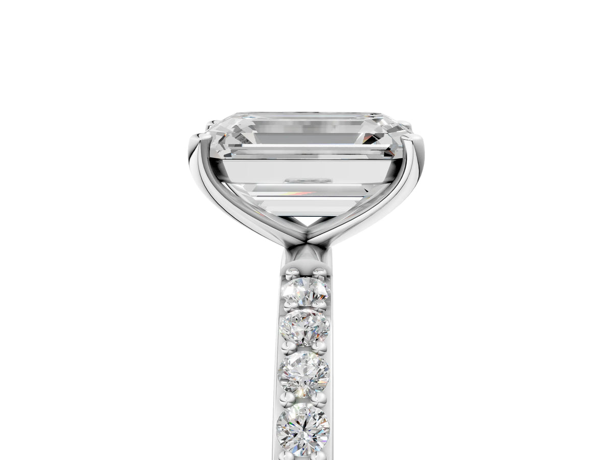 Emerald Cut Diamond Solitaire Ring in White gold with Round Pavé Band_35