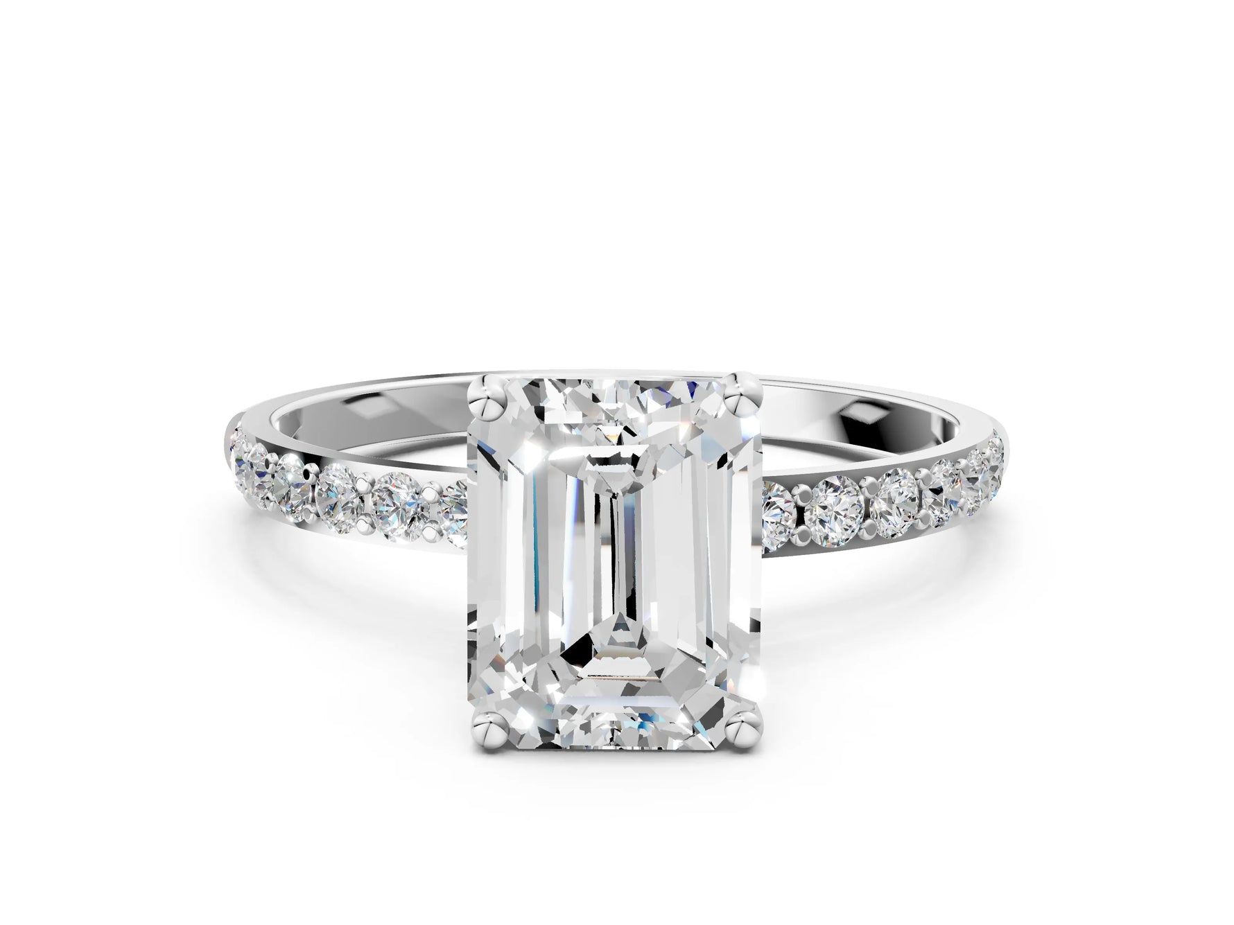 Emerald Cut Diamond Solitaire Ring in White gold with Round Pavé Band_6