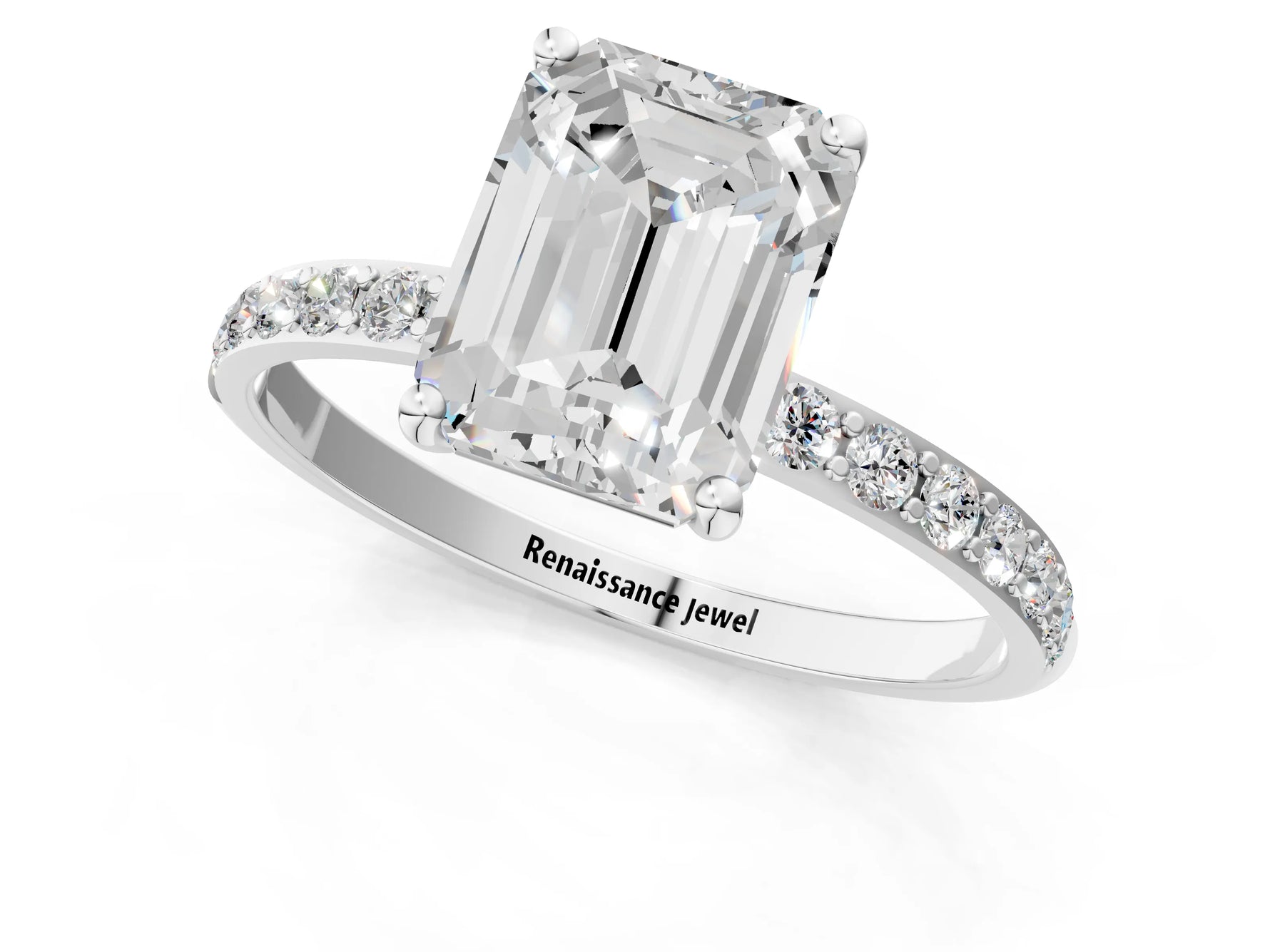 Emerald Cut Diamond Solitaire Ring in White gold with Round Pavé Band_7