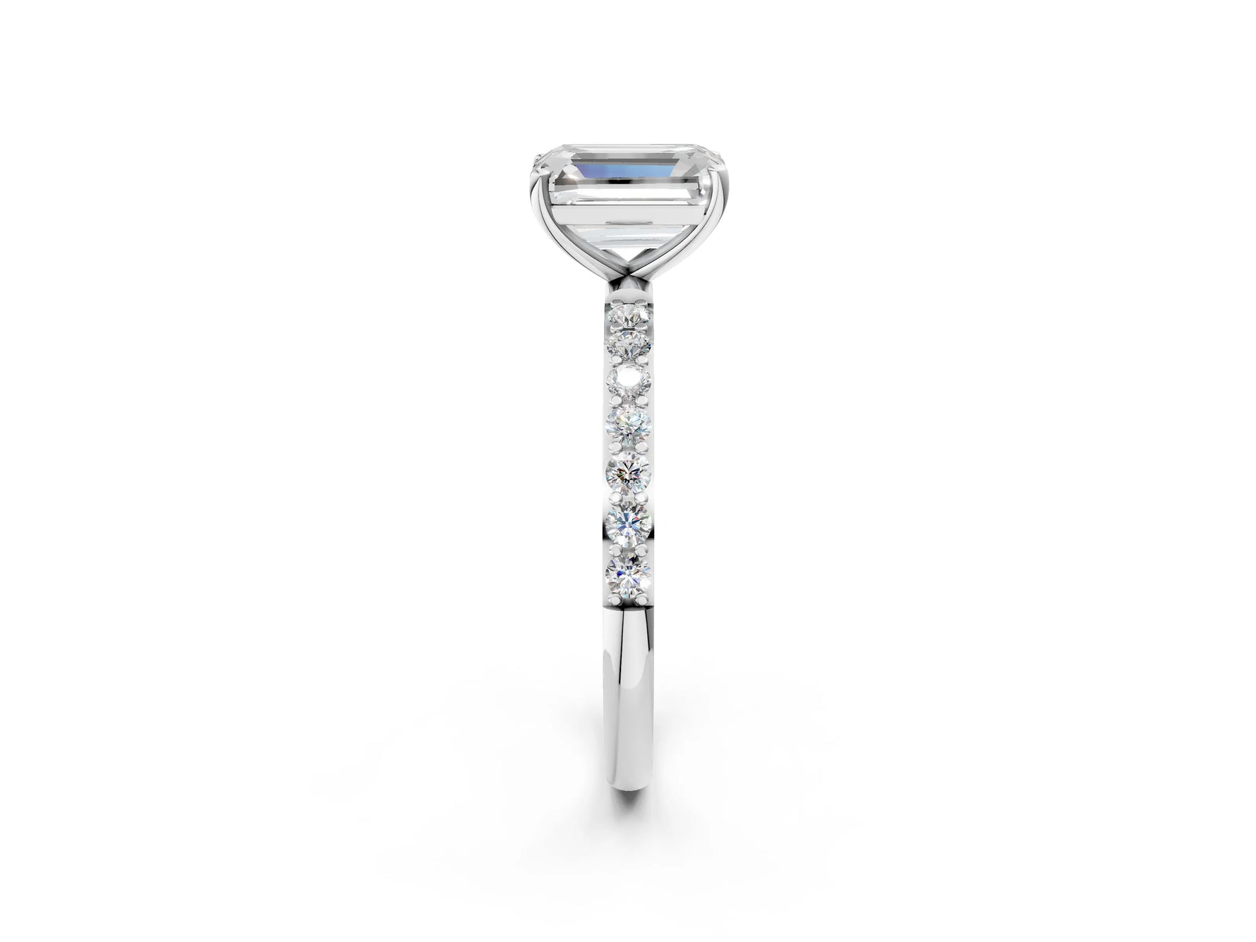 Emerald Cut Diamond Solitaire Ring in White gold with Round Pavé Band_8