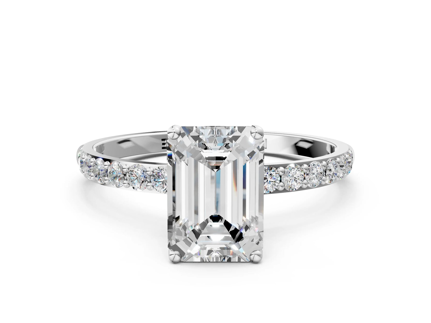 Emerald Cut Diamond Solitaire Ring in White gold with Round Shared Prong Pavé Band_18