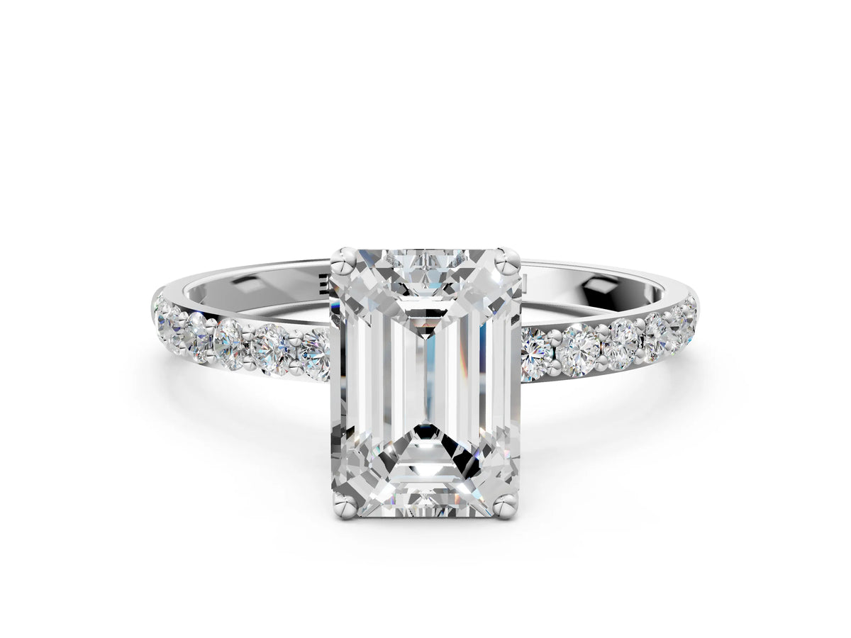 Emerald Cut Diamond Solitaire Ring in White gold with Round Shared Prong Pavé Band_18