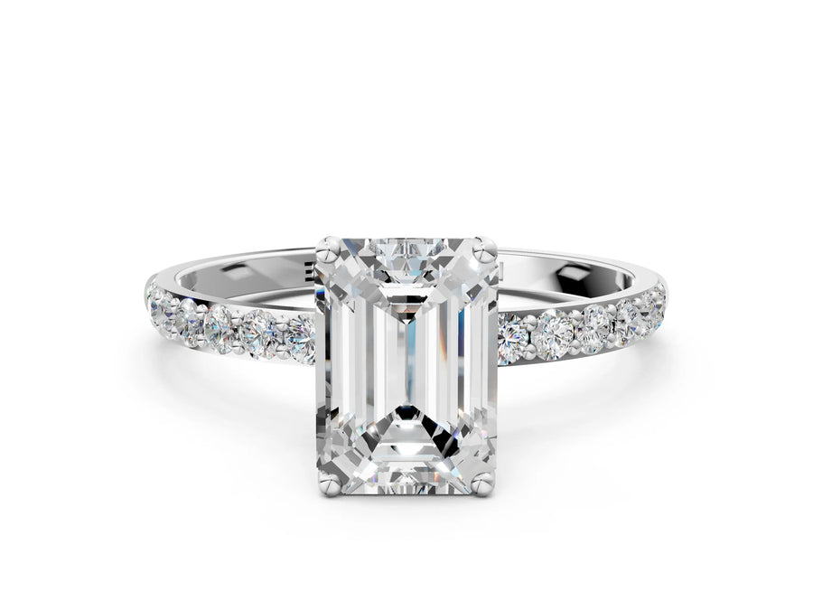 Emerald Cut Diamond Solitaire Ring in White gold with Round Shared Prong Pavé Band