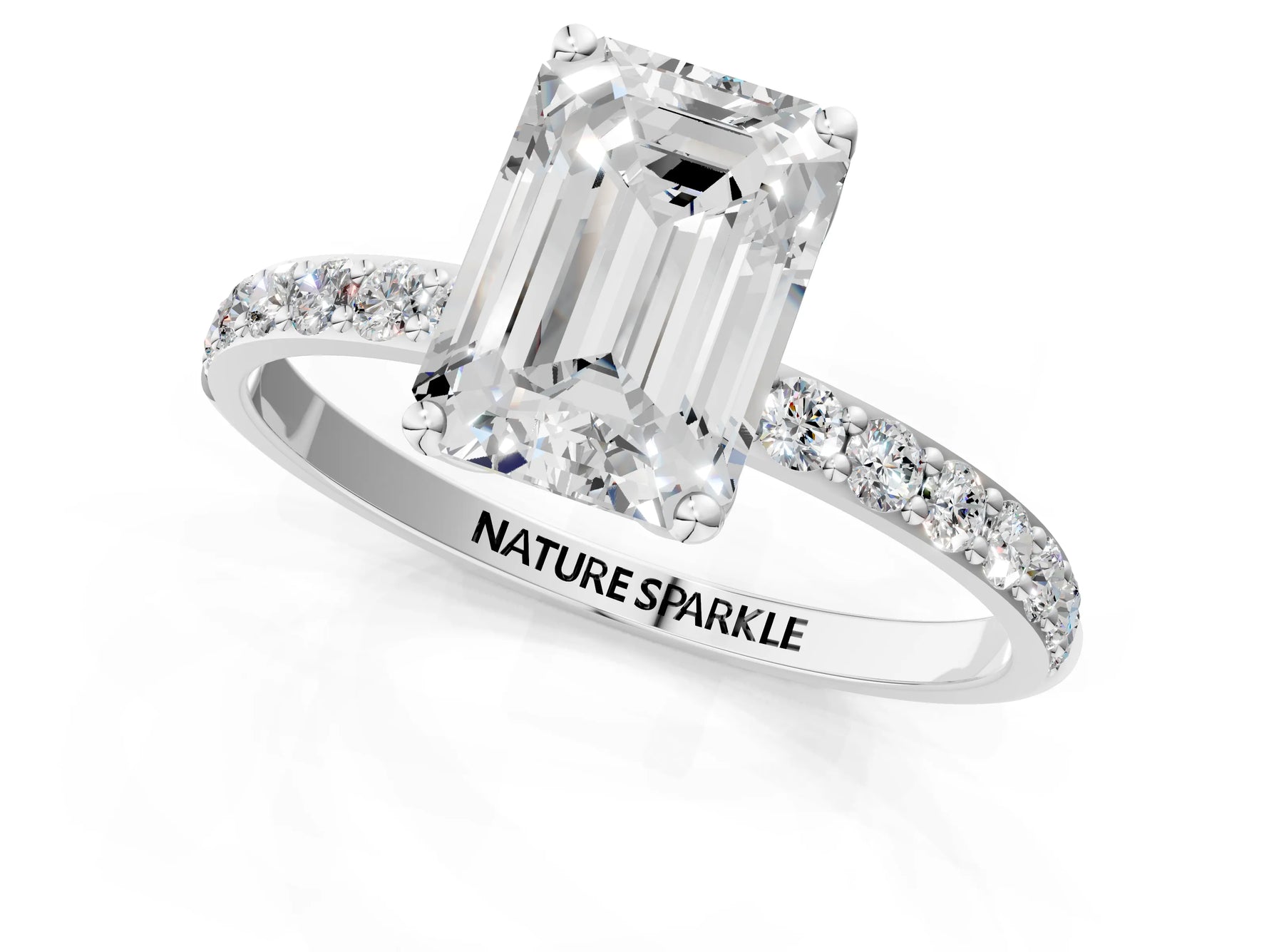Emerald Cut Diamond Solitaire Ring in White gold with Round Shared Prong Pavé Band_19