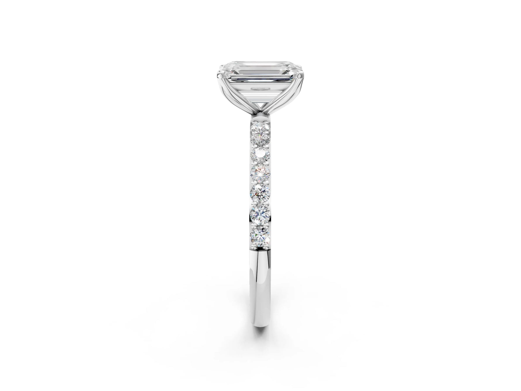 Emerald Cut Diamond Solitaire Ring in White gold with Round Shared Prong Pavé Band_20