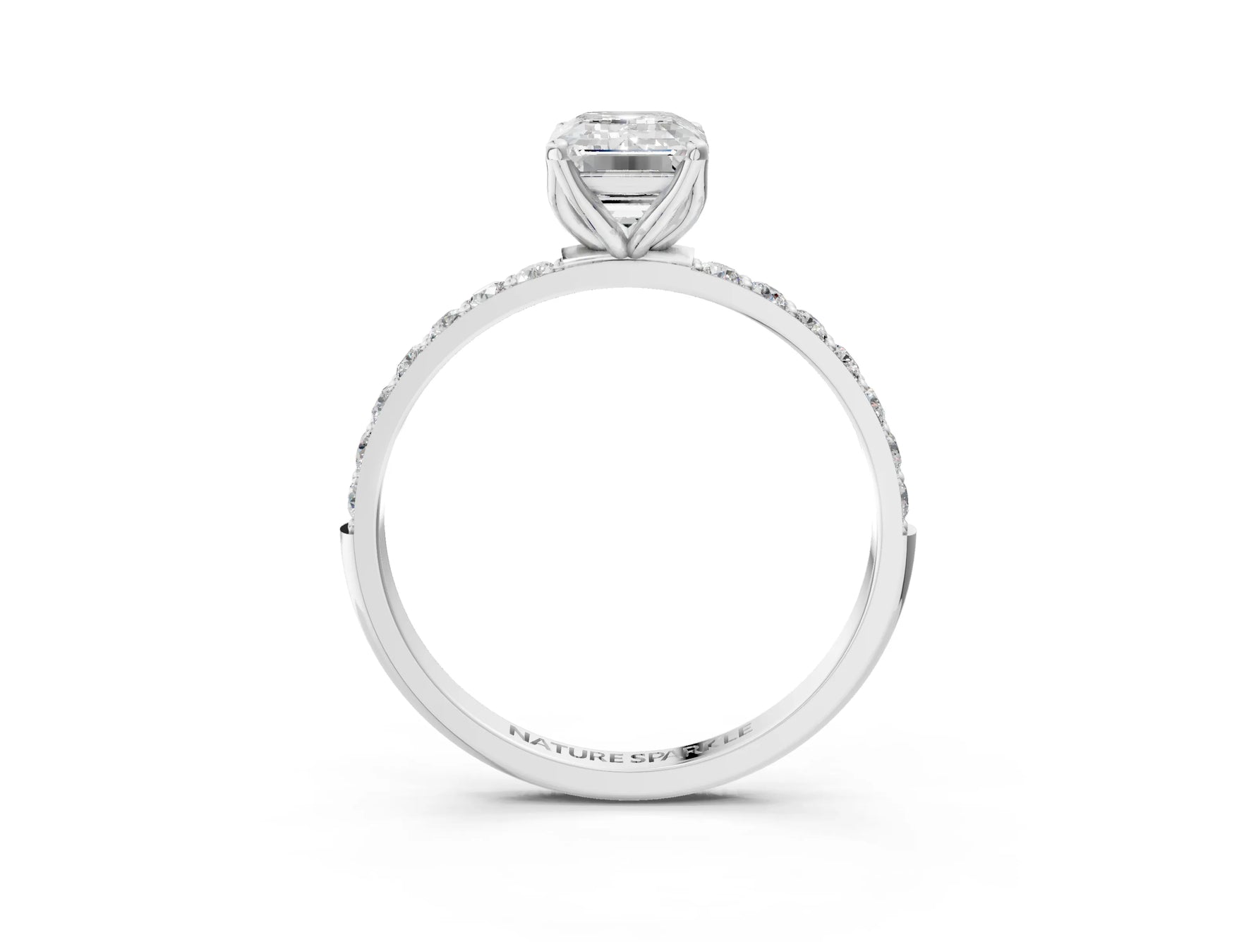 Emerald Cut Diamond Solitaire Ring in White gold with Round Shared Prong Pavé Band_21