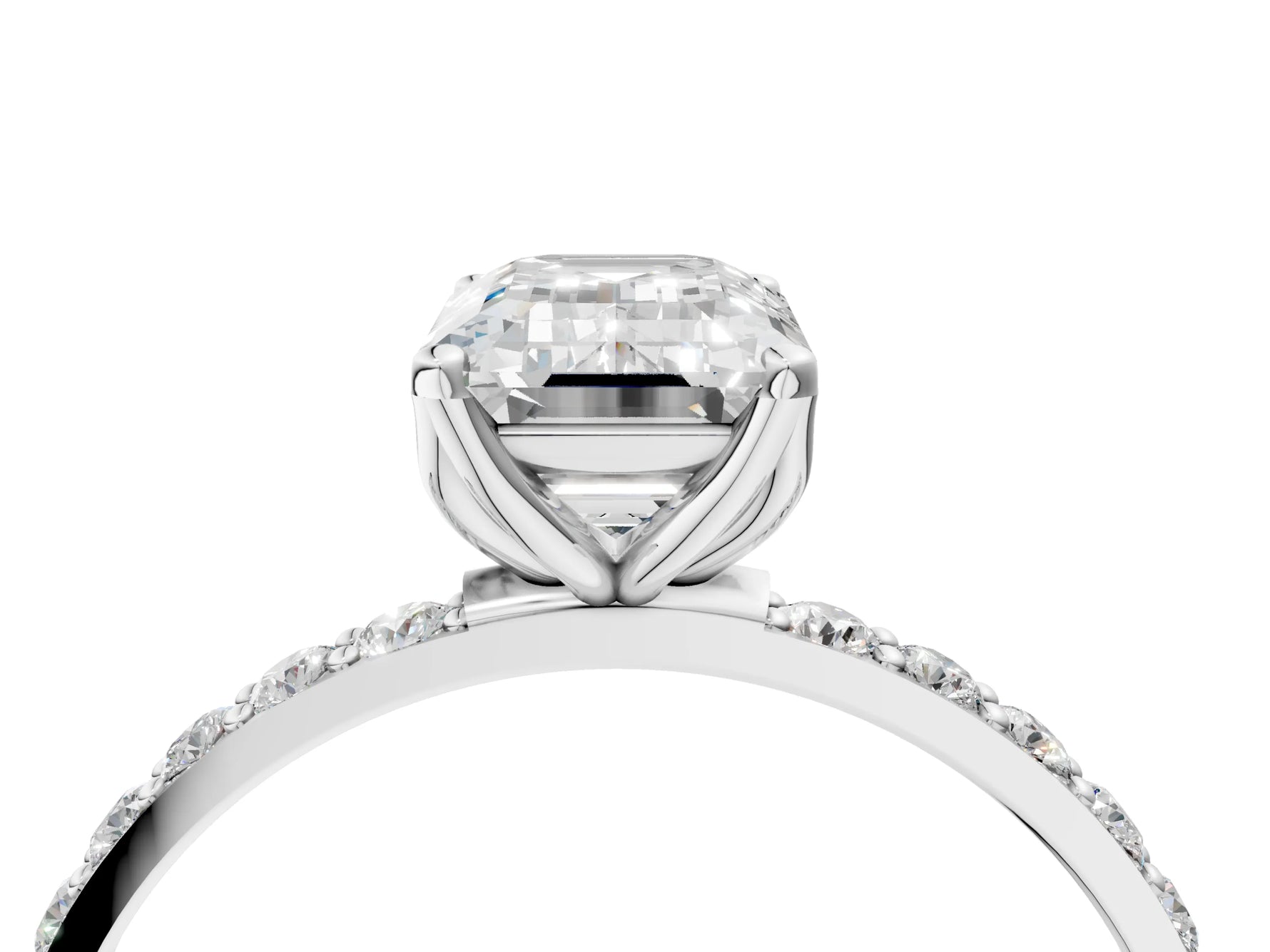 Emerald Cut Diamond Solitaire Ring in White gold with Round Shared Prong Pavé Band_22