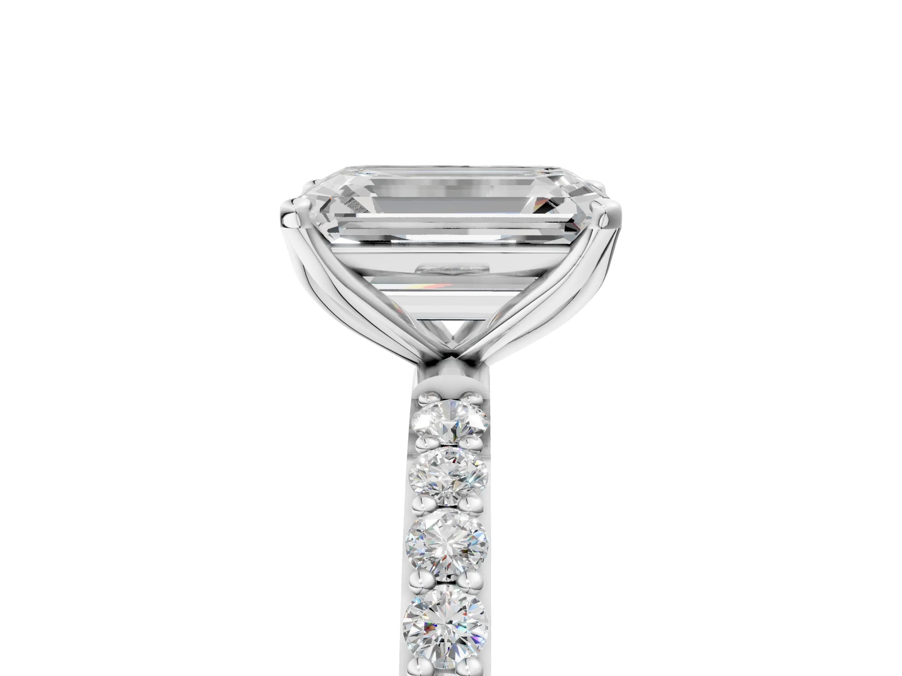 Emerald Cut Diamond Solitaire Ring in White gold with Round Shared Prong Pavé Band_23