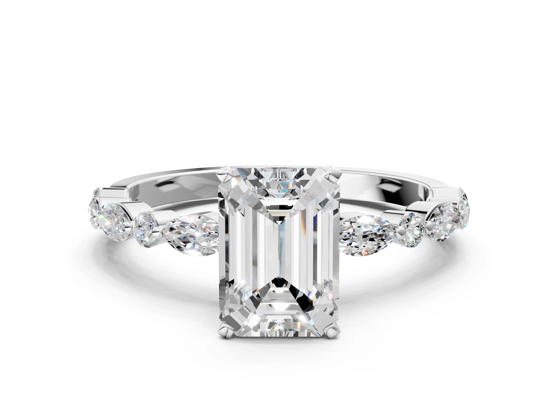 Emerald Cut Diamond Solitaire Ring in White gold with Shared Prong Marquise and Round Side Stones_12