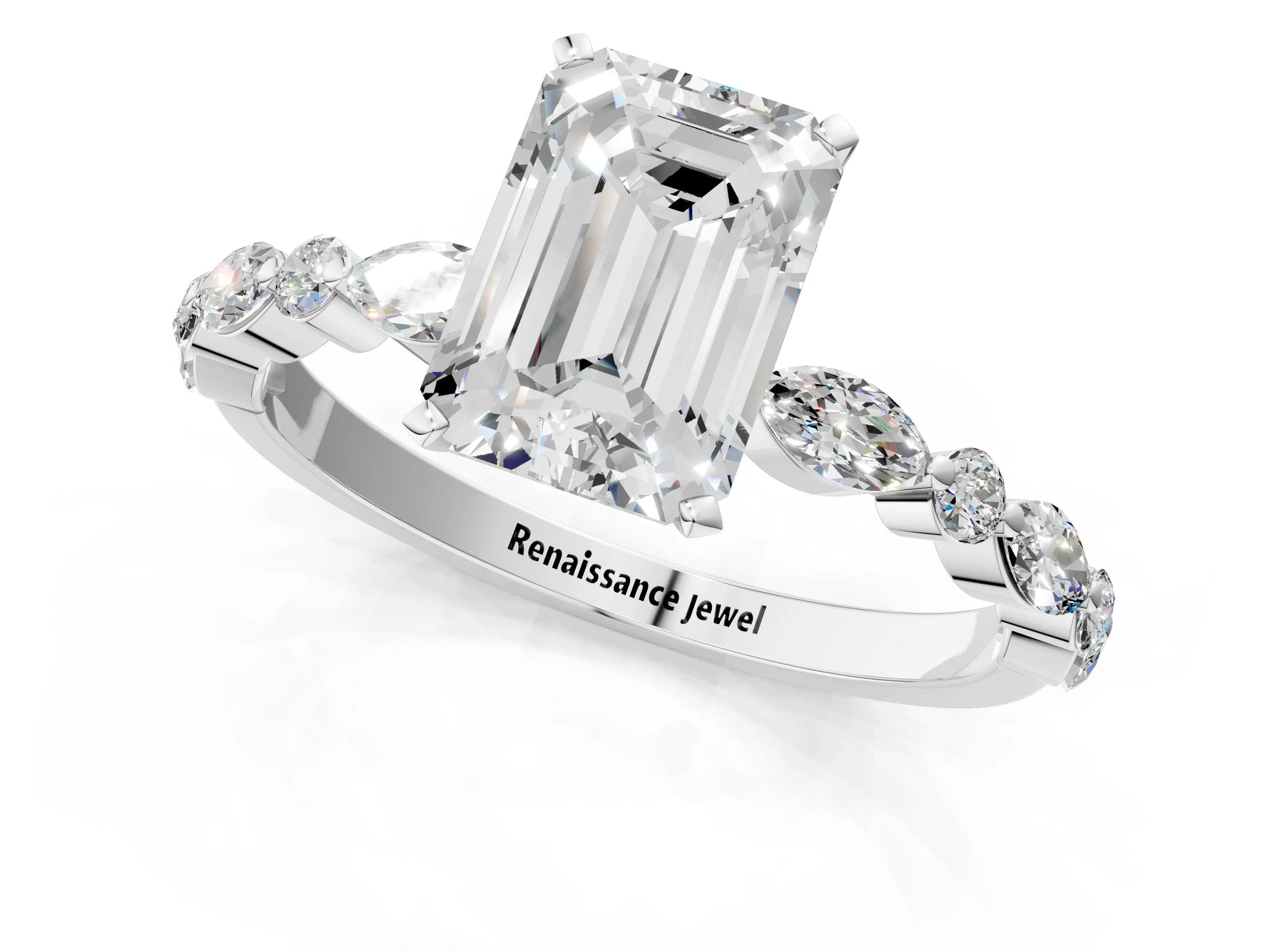 Emerald Cut Diamond Solitaire Ring in White gold with Shared Prong Marquise and Round Side Stones_13