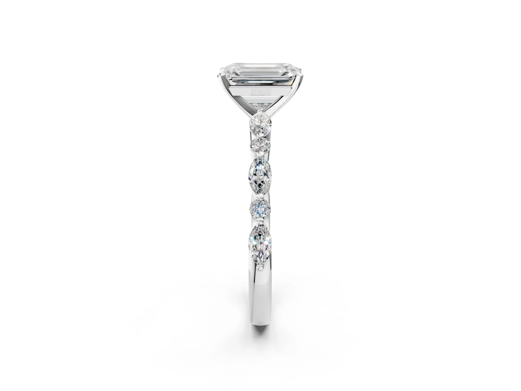 Emerald Cut Diamond Solitaire Ring in White gold with Shared Prong Marquise and Round Side Stones_14